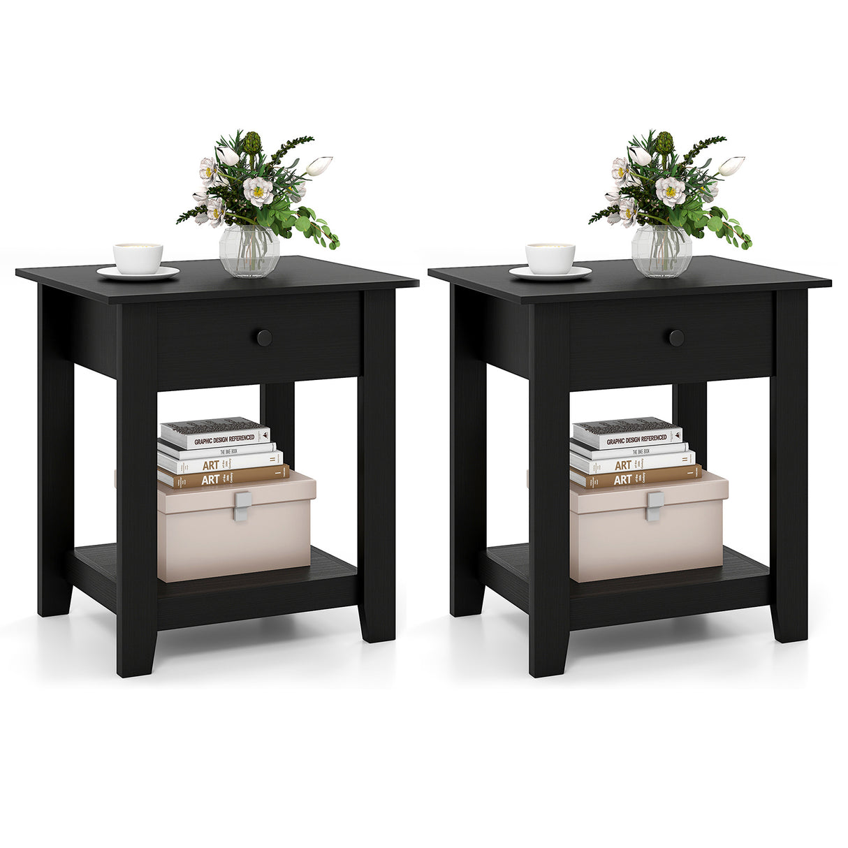 Set of 2 Nightstand with Drawer 3-Tier Modern Bedside Table with Open Shelf and Storage