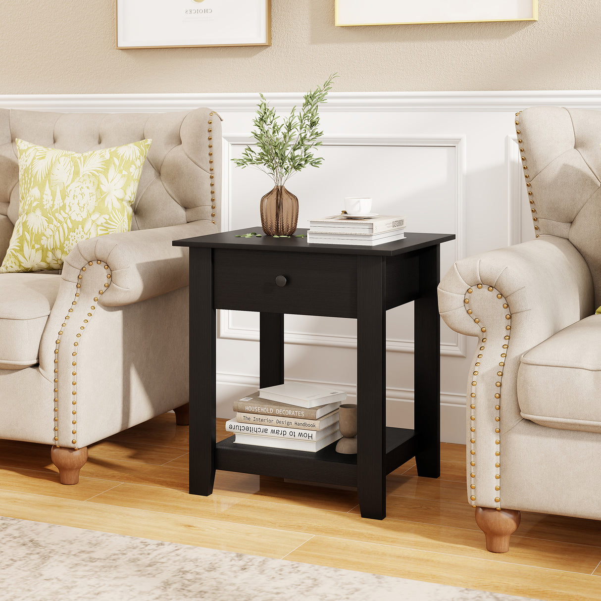 Set of 2 Nightstand with Drawer 3-Tier Modern Bedside Table with Open Shelf and Storage