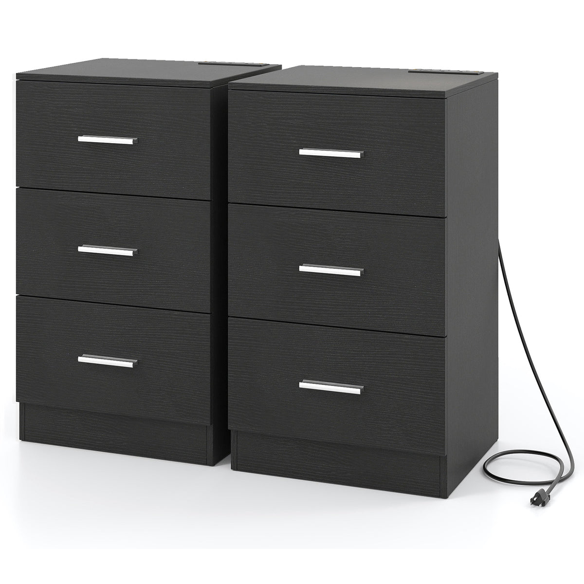 Set of 2 Nightstand with Charging Station End Table with 3 Storage Drawers Bedside Table for Bedroom
