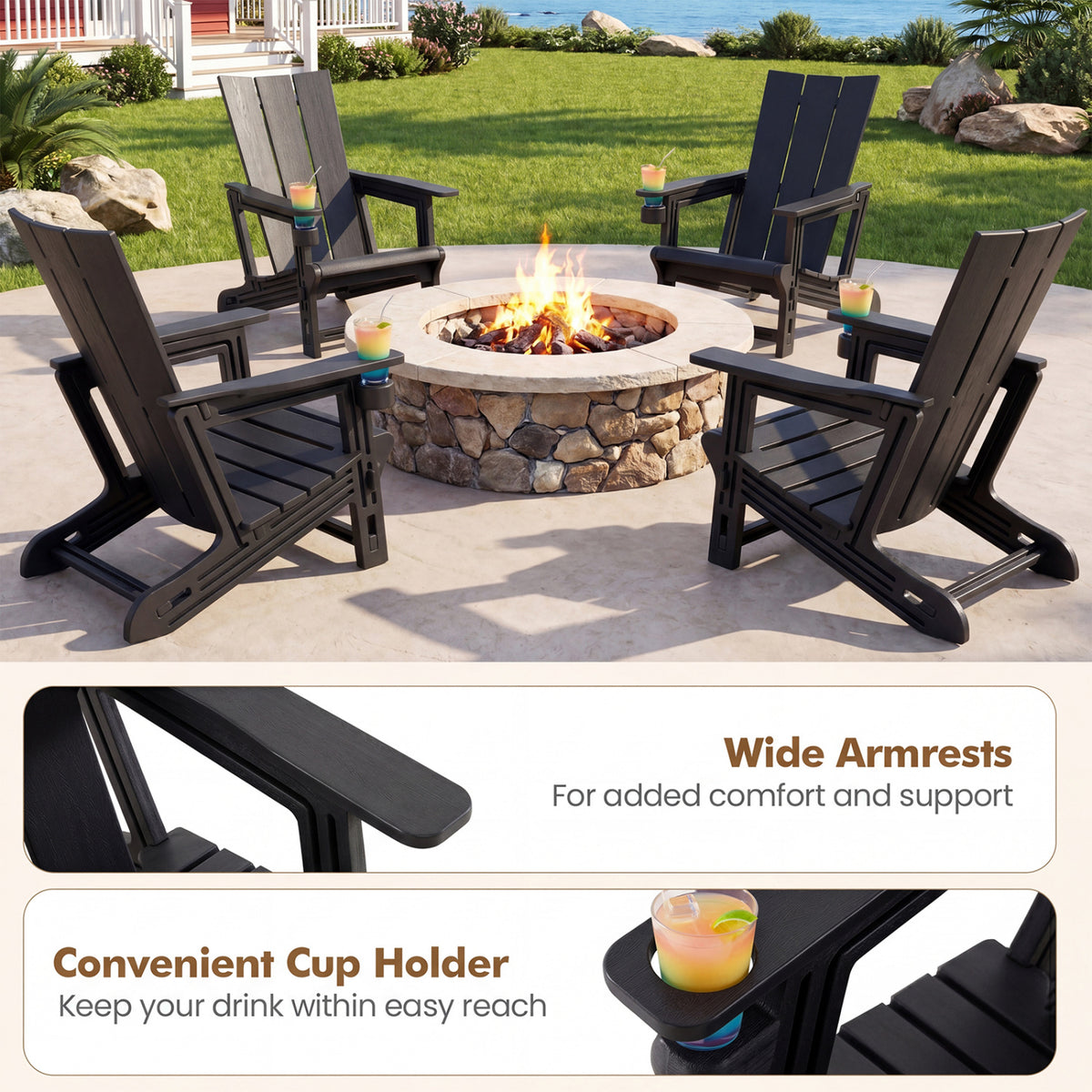 Set of 2 Outdoor Adirondack Chairs with Cup Holder