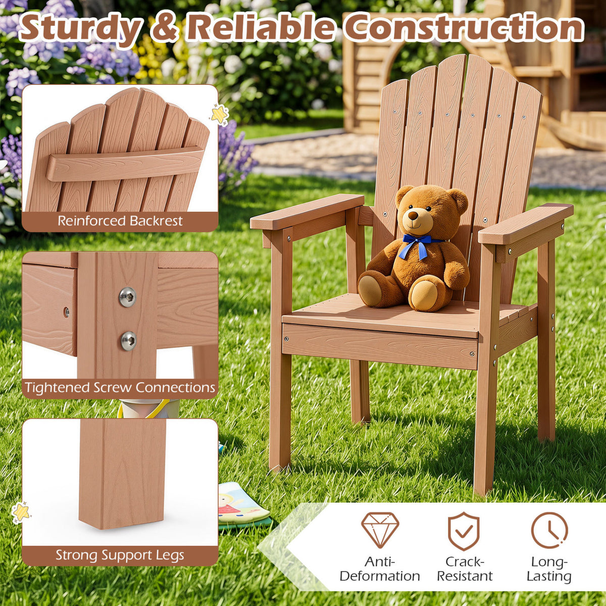 Set of 2 Outdoor Adirondack Chair with High Backrest Wide Armrests and Angled Seat for Deck-Brown