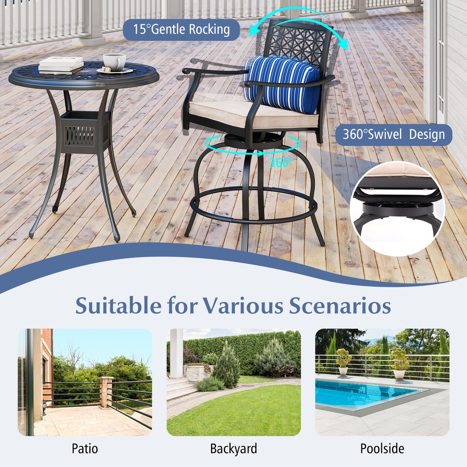 Set of 2 Outdoor Bar Height Chair with Soft Cushions