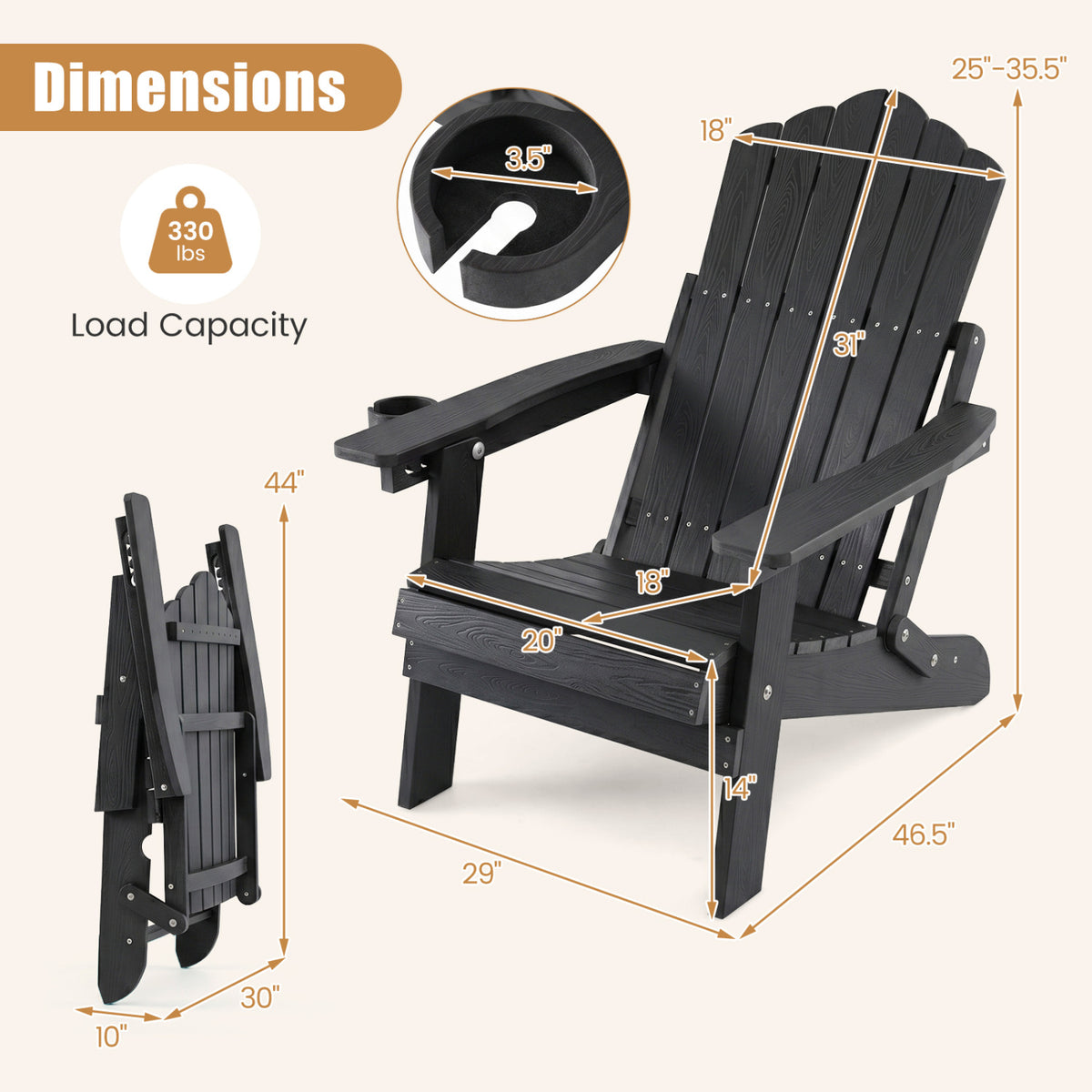 Set of 2 Outdoor Folding Adirondack Chair with Cup Holder and 5-Level Backrest
