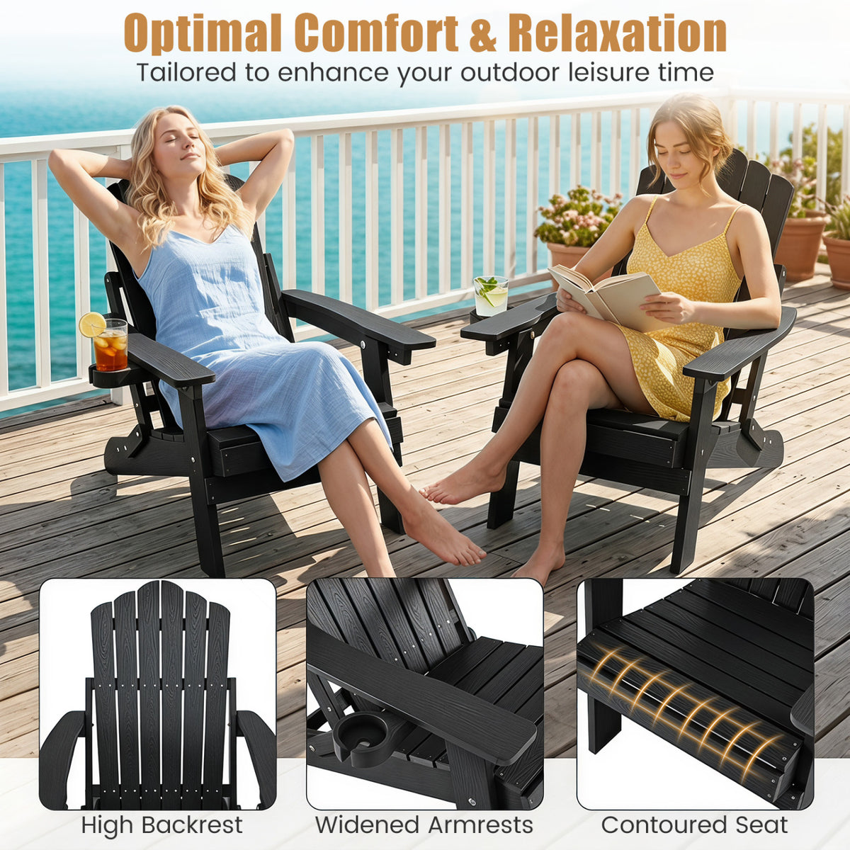Set of 2 Outdoor Folding Adirondack Chair with Cup Holder and 5-Level Backrest