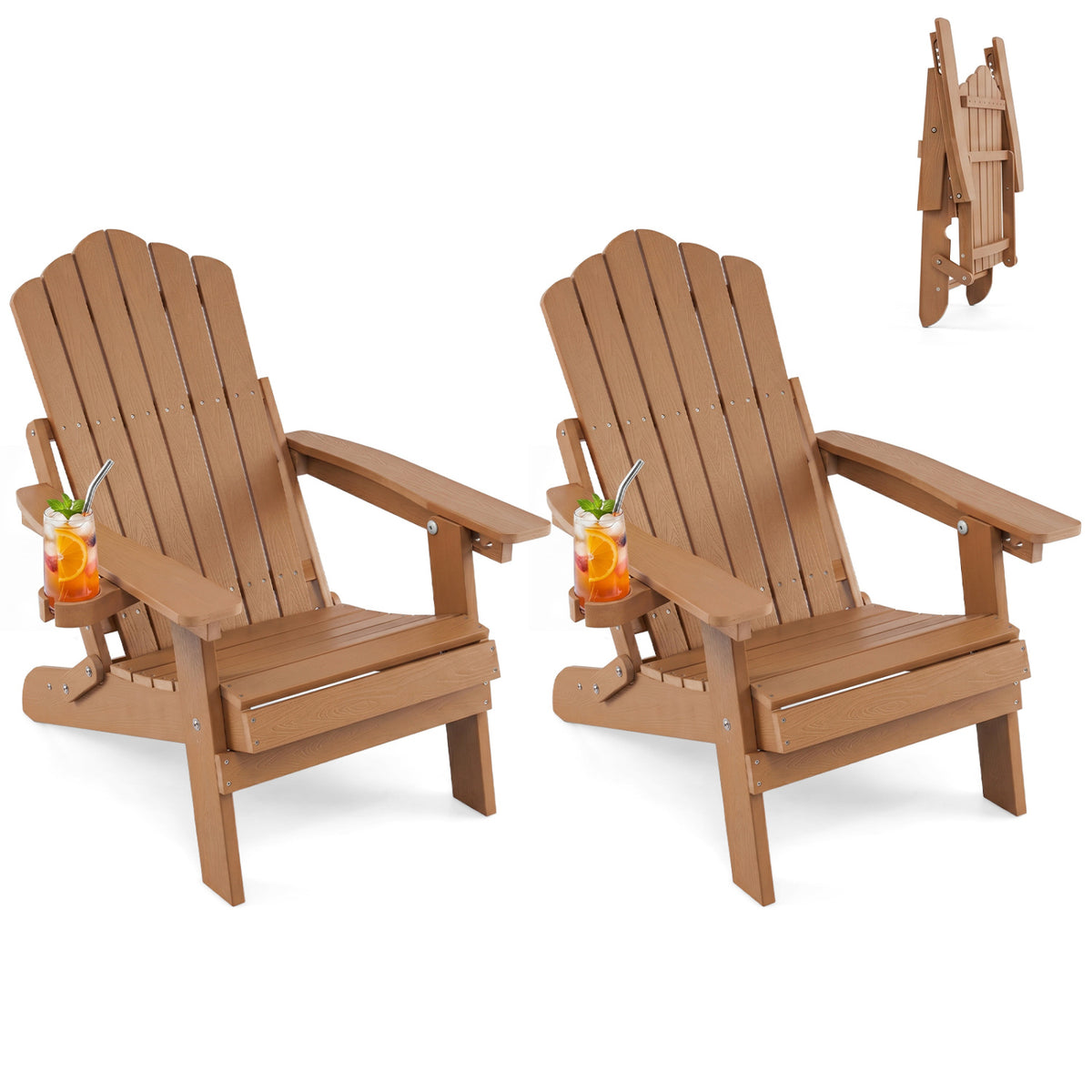 Set of 2 Outdoor Folding Adirondack Chair with Cup Holder and 5-Level Backrest