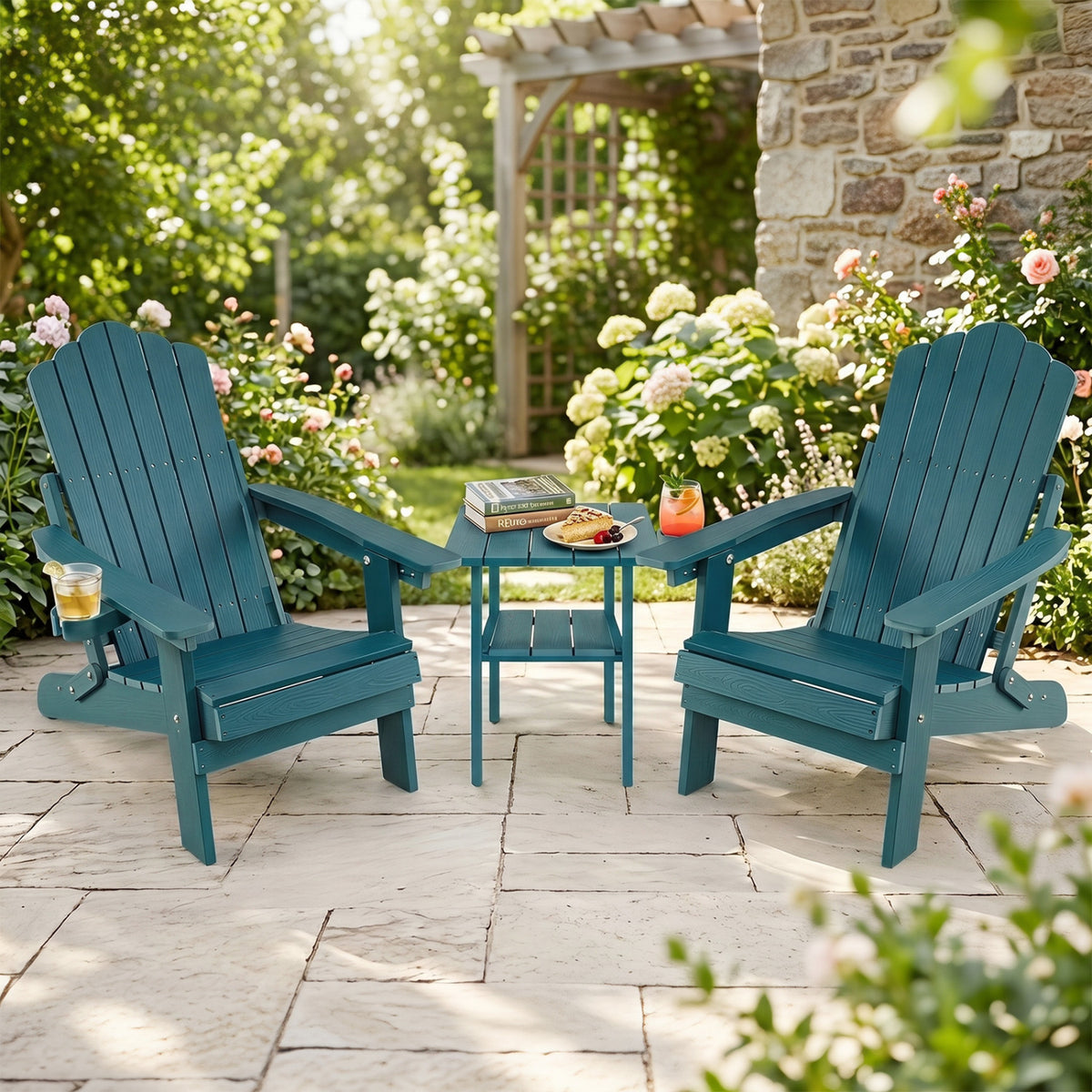 Set of 2 Outdoor Folding Adirondack Chair with Cup Holder and 5-Level Backrest