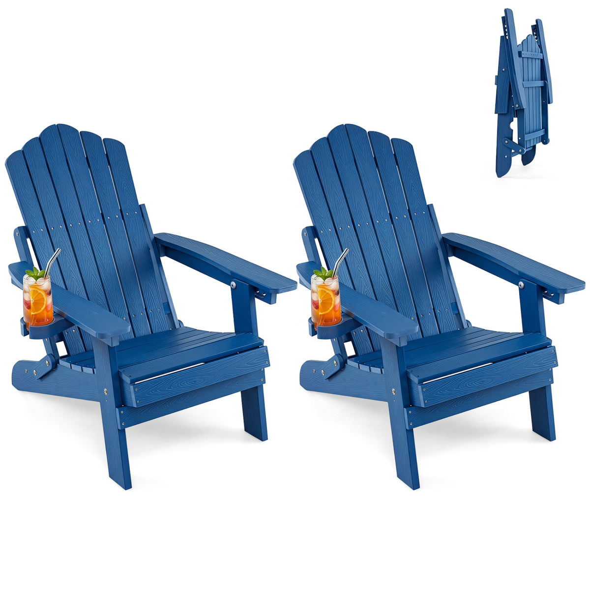 Set of 2 Outdoor Folding Adirondack Chair with Cup Holder and 5-Level Backrest