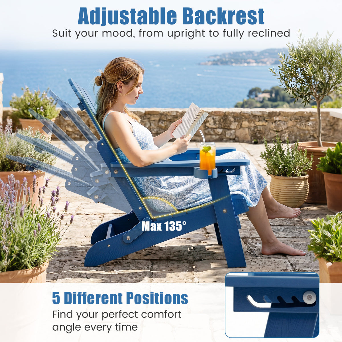Set of 2 Outdoor Folding Adirondack Chair with Cup Holder and 5-Level Backrest