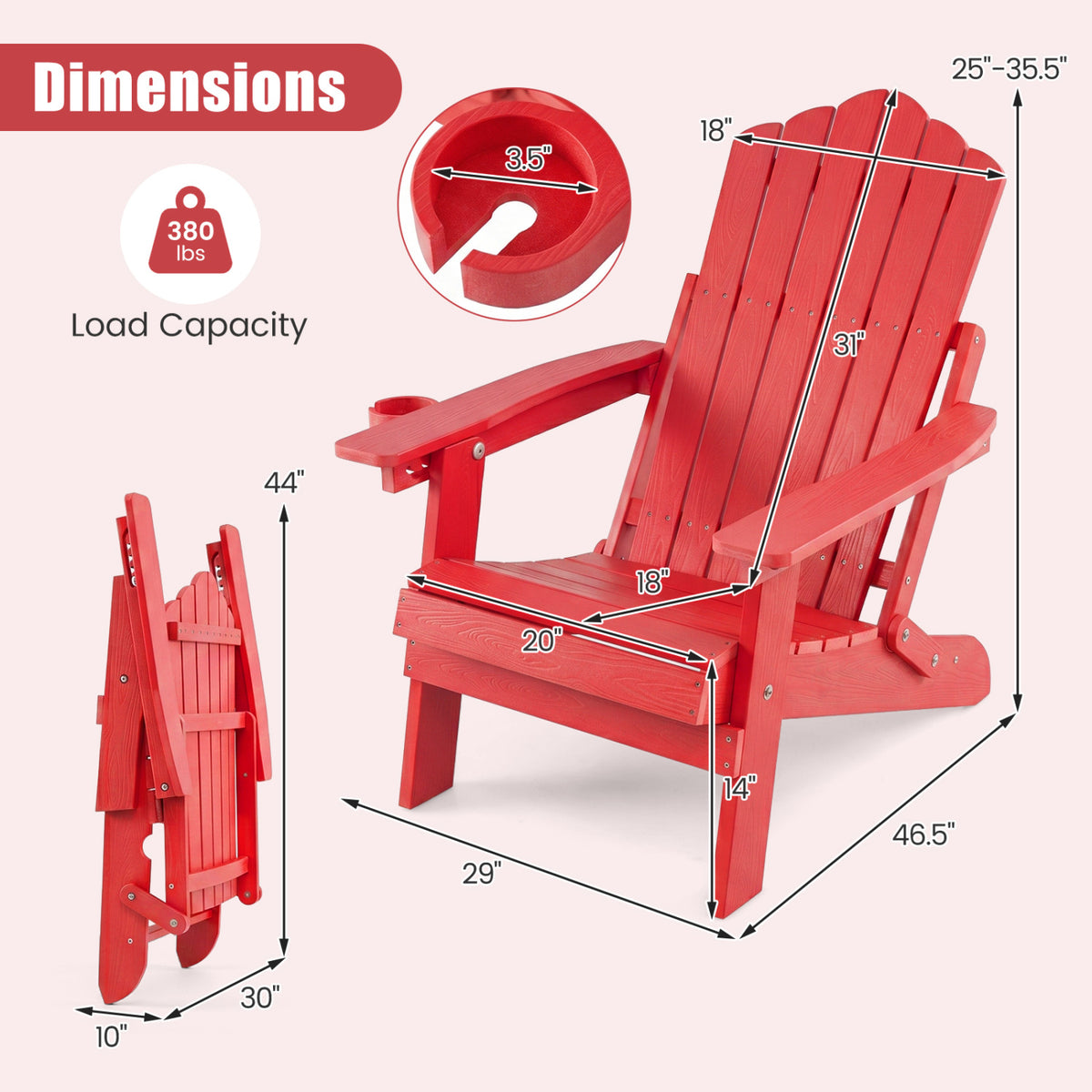 Set of 2 Outdoor Folding Adirondack Chair with Cup Holder and 5-Level Backrest