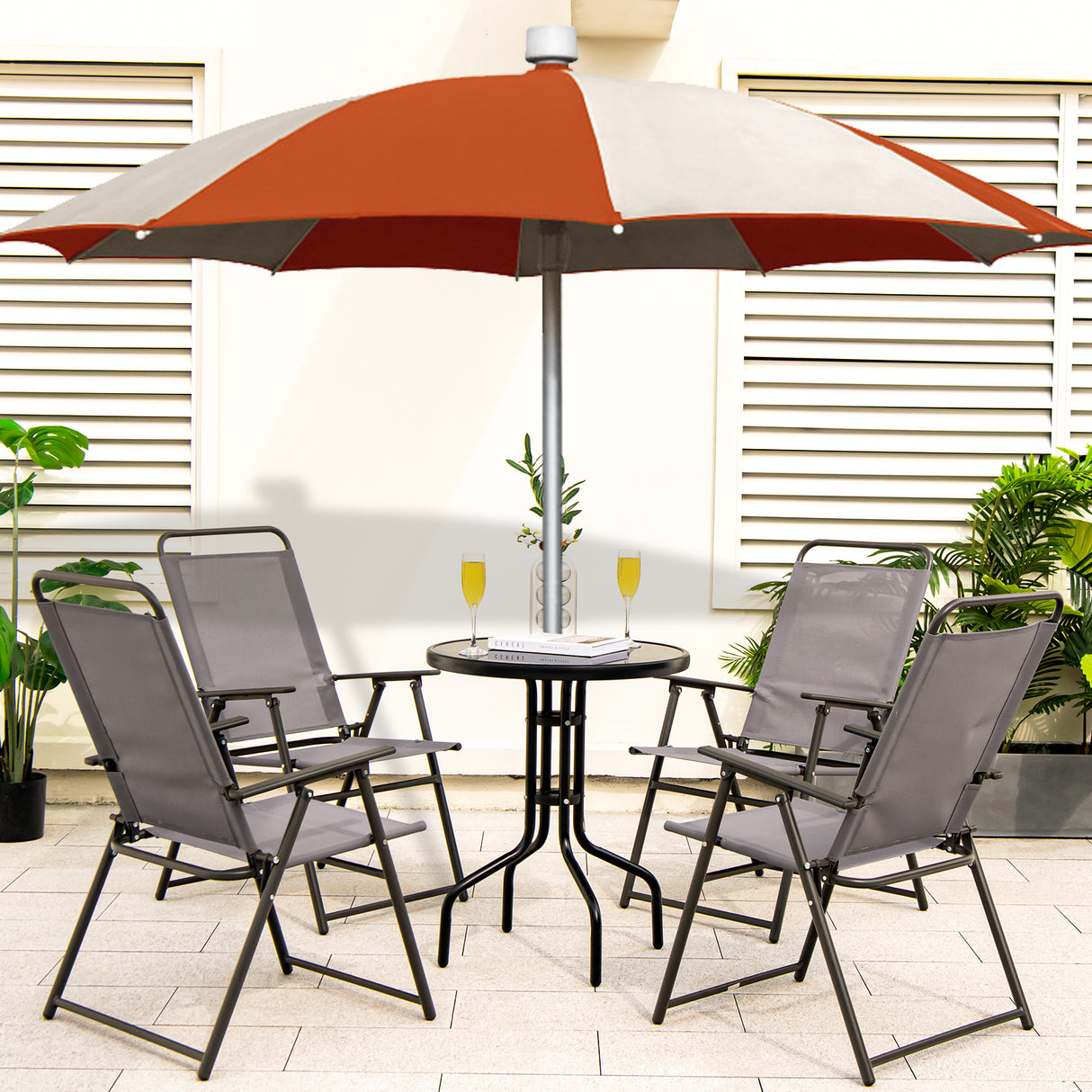 Set of 2 Outdoor Folding Sling Chairs with Armrest and Backrest