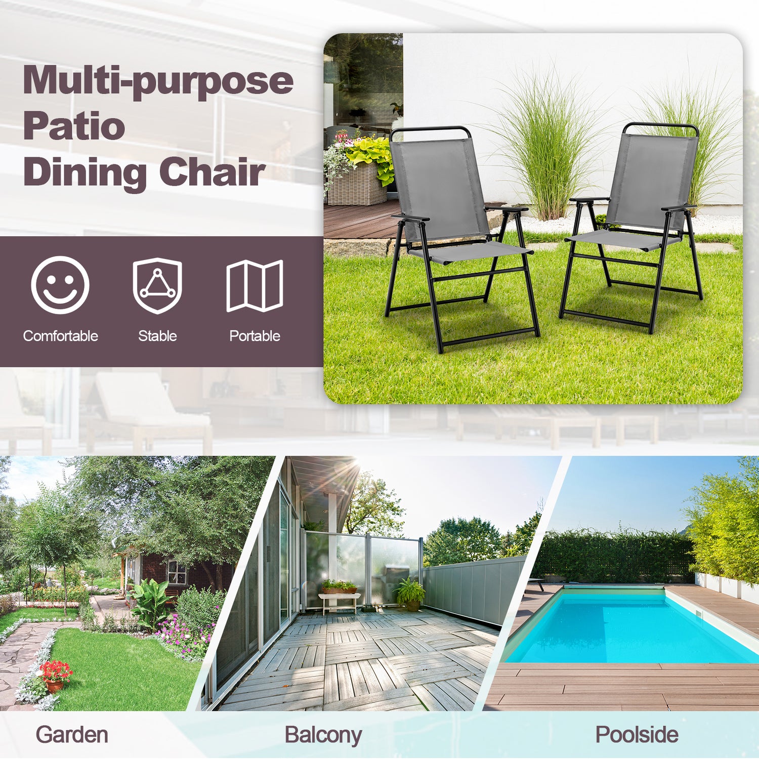 Set of 2 Outdoor Folding Sling Chairs with Armrest and Backrest