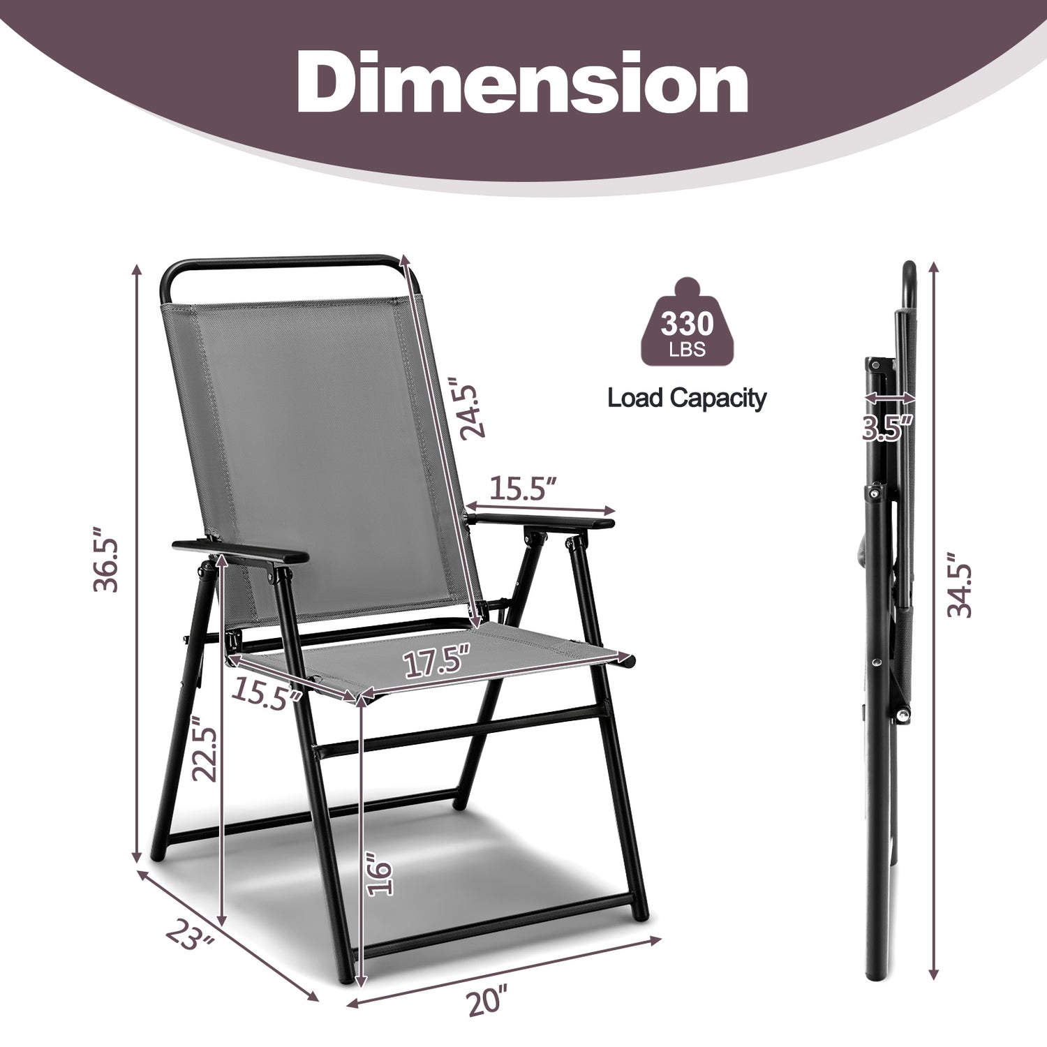 Set of 2 Outdoor Folding Sling Chairs with Armrest and Backrest