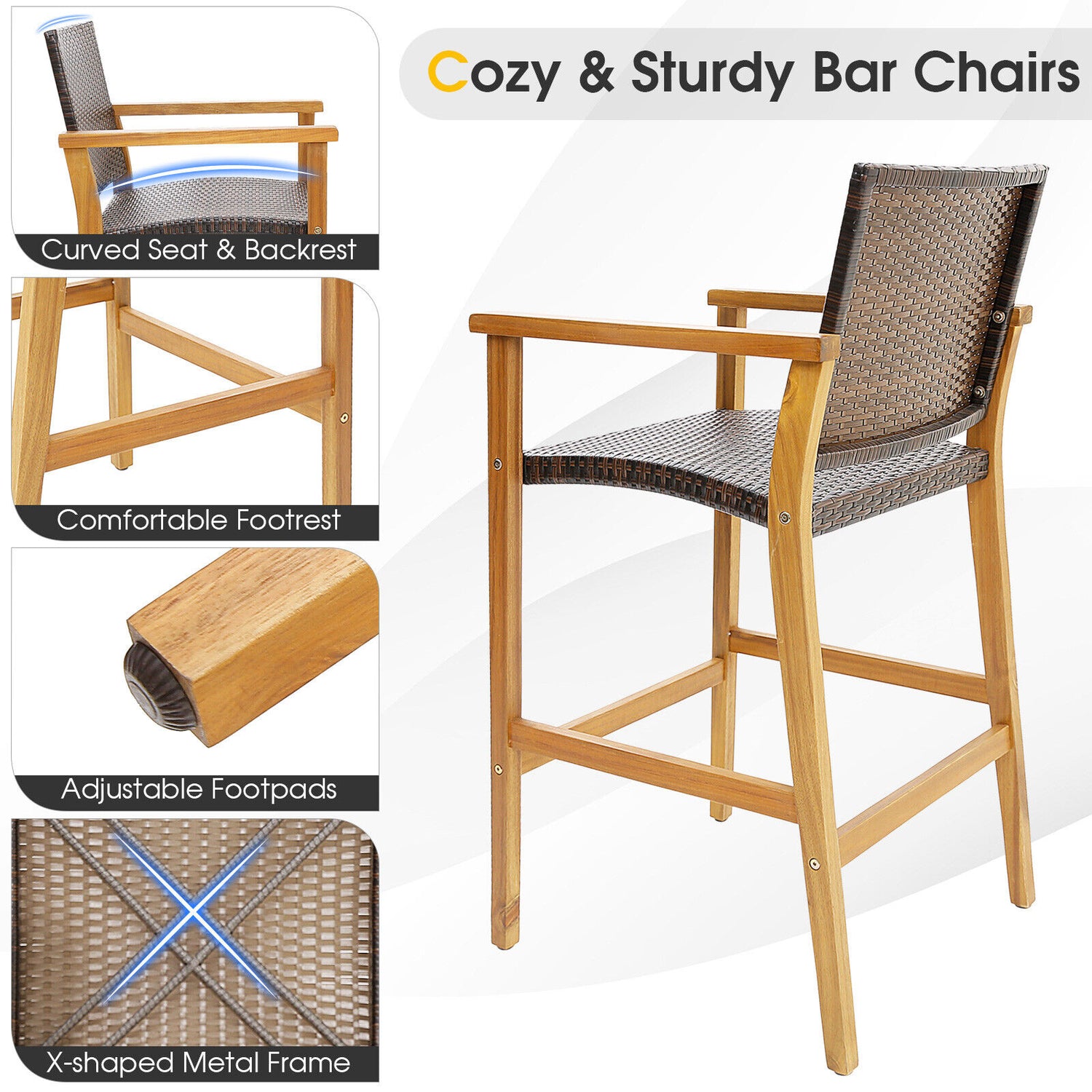 Set of 2 PE Wicker Patio Bar Chairs with Acacia Wood Armrests-Set of 2