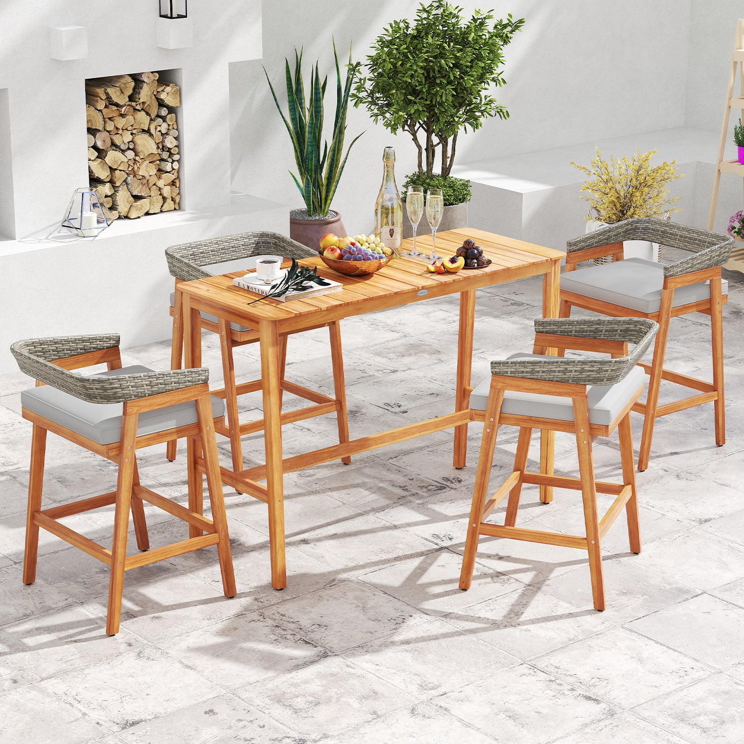 Set of 2 Patio Acacia Wood Counter Height Bar Stools with Cushions and PE Wicker Backrests Footrests-Gray