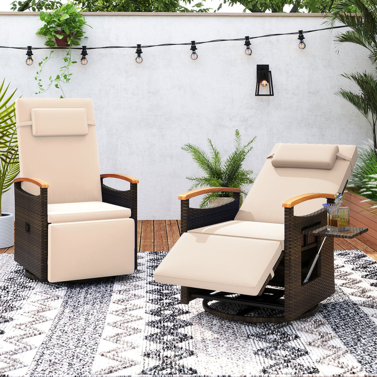 Set of 2 Patio Rattan 360° Swivel Recliner Chair with Adjustable Backrest and Footrest