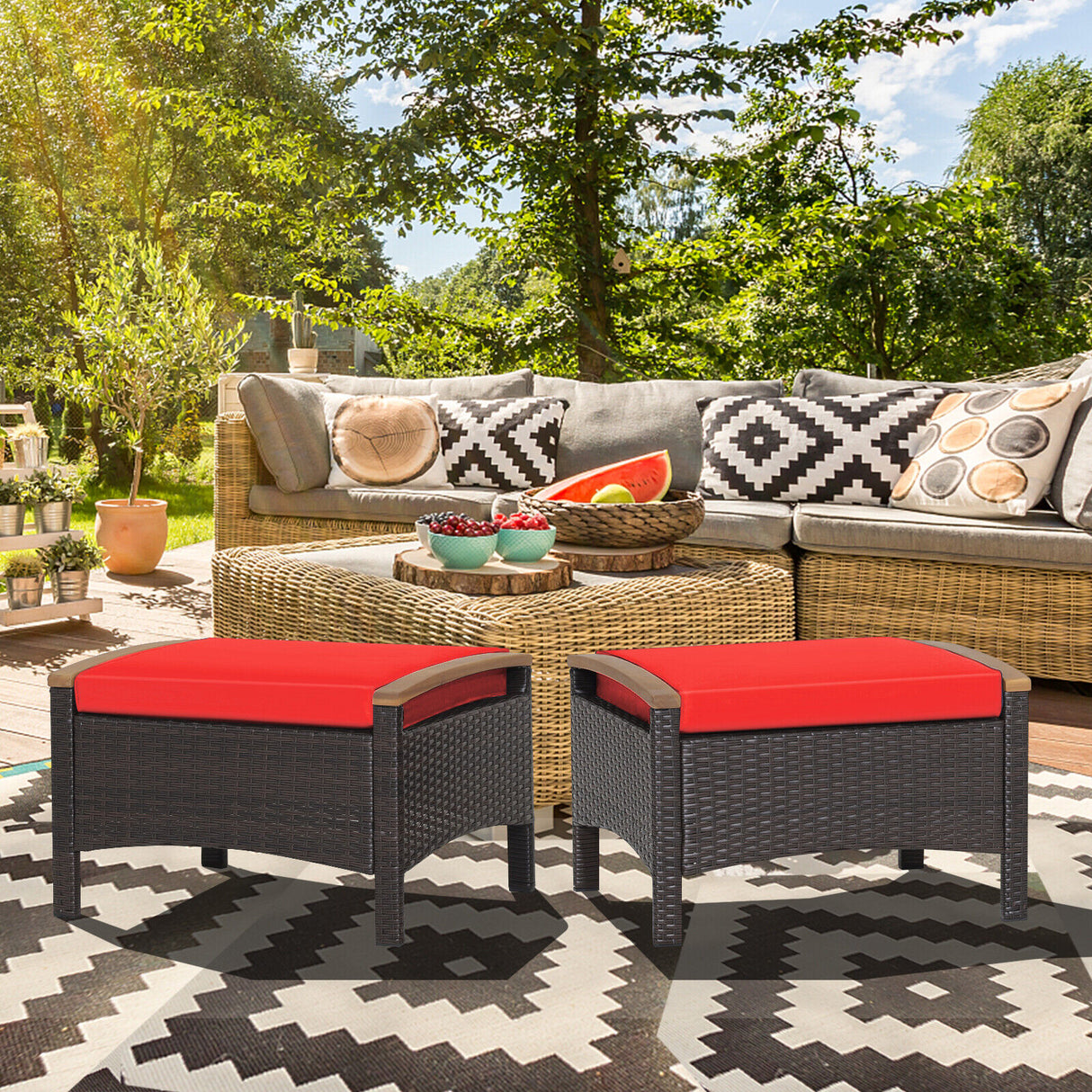 Set of 2 Fade-Resistant Wicker Patio Ottoman