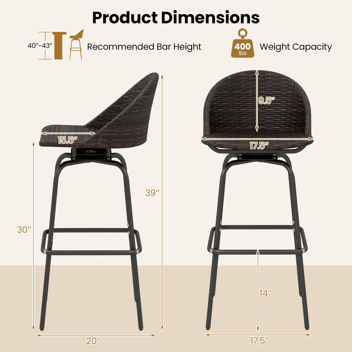 Set of 2 Patio Swivel Bar Stools with Rattan Seat 400 LBS for Garden-Brown