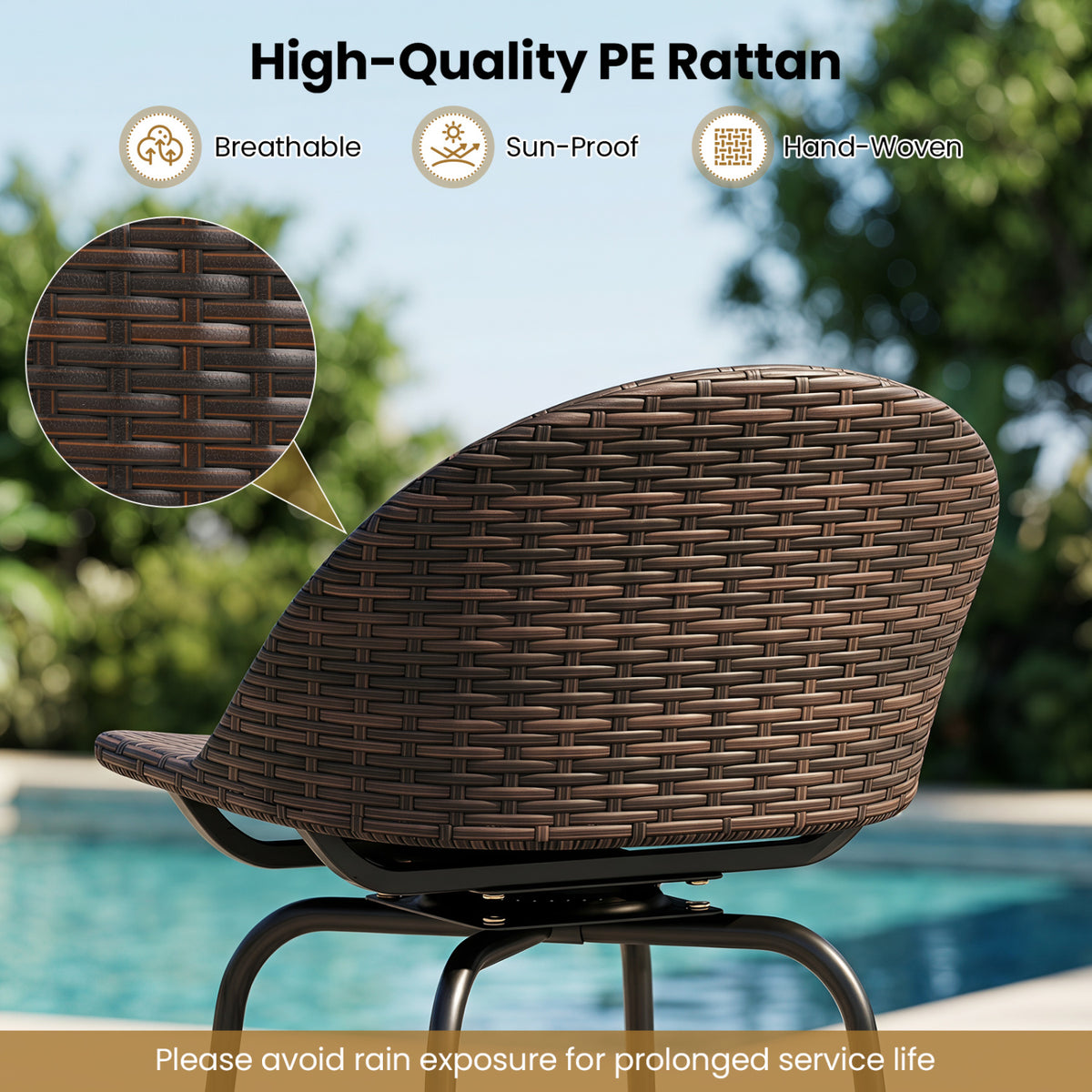 Set of 2 Patio Swivel Bar Stools with Rattan Seat 400 LBS for Garden-Brown