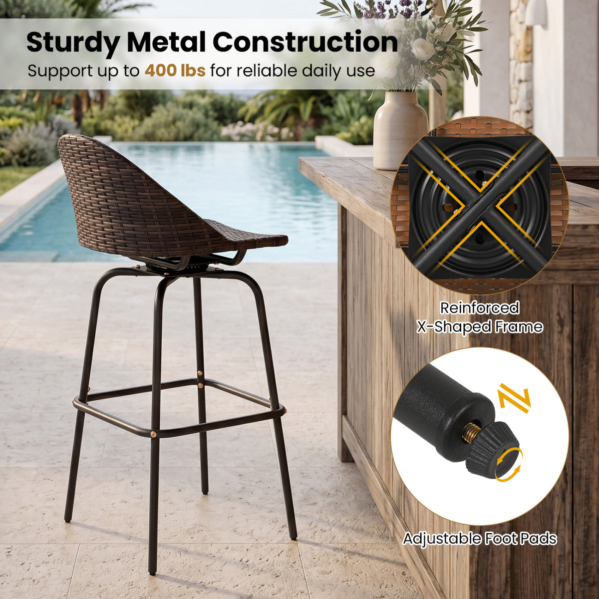 Set of 2 Patio Swivel Bar Stools with Rattan Seat 400 LBS for Garden-Brown