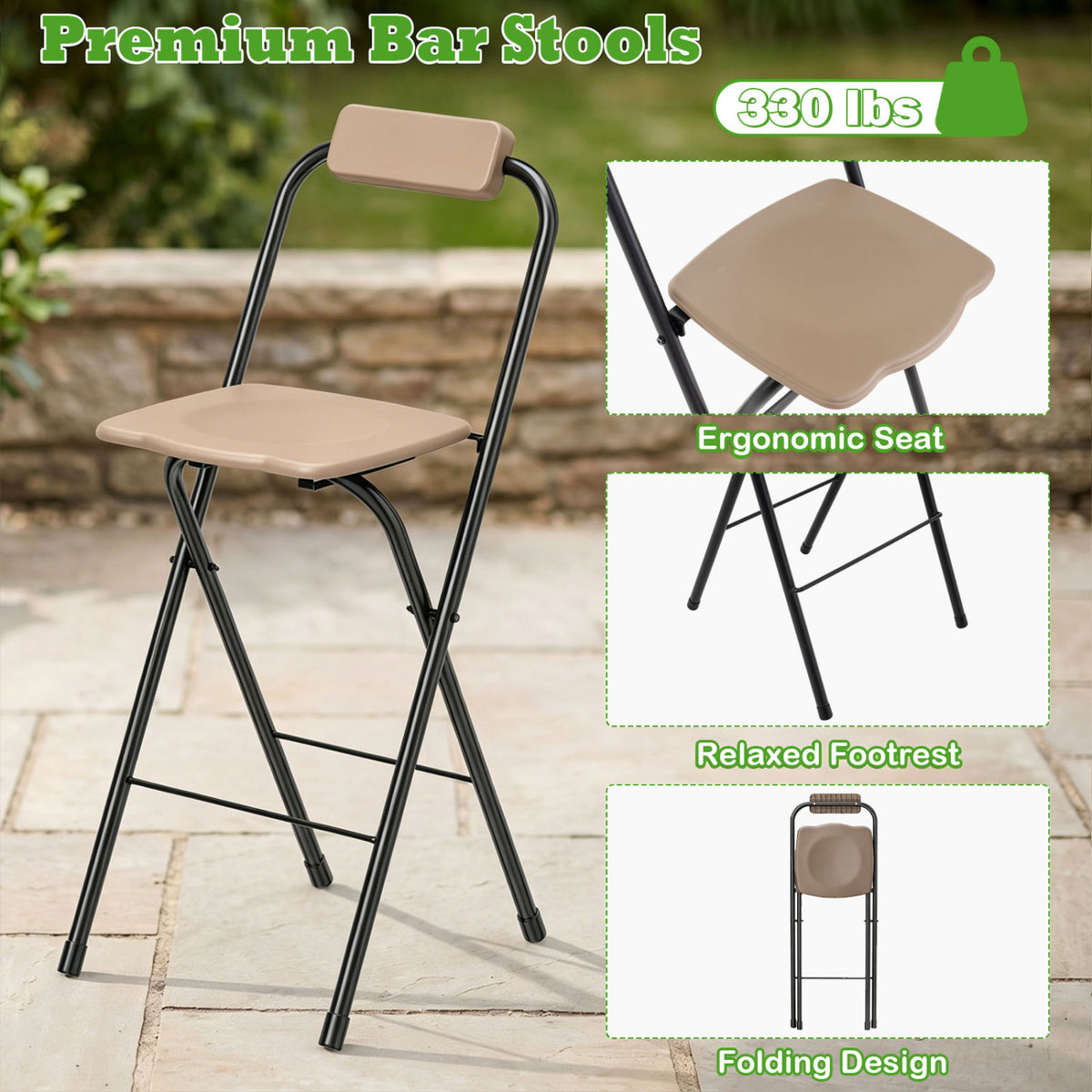 Set of 2 Portable Bar Height Stools with Ergonomic Seat and Comfortable Footrest
