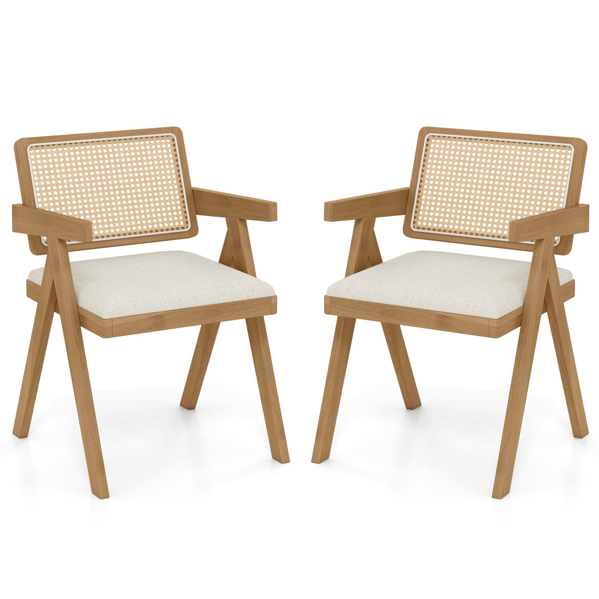 Set of 2 Rattan Accent Chairs with Padded Cushion and Rubber Wood Frame