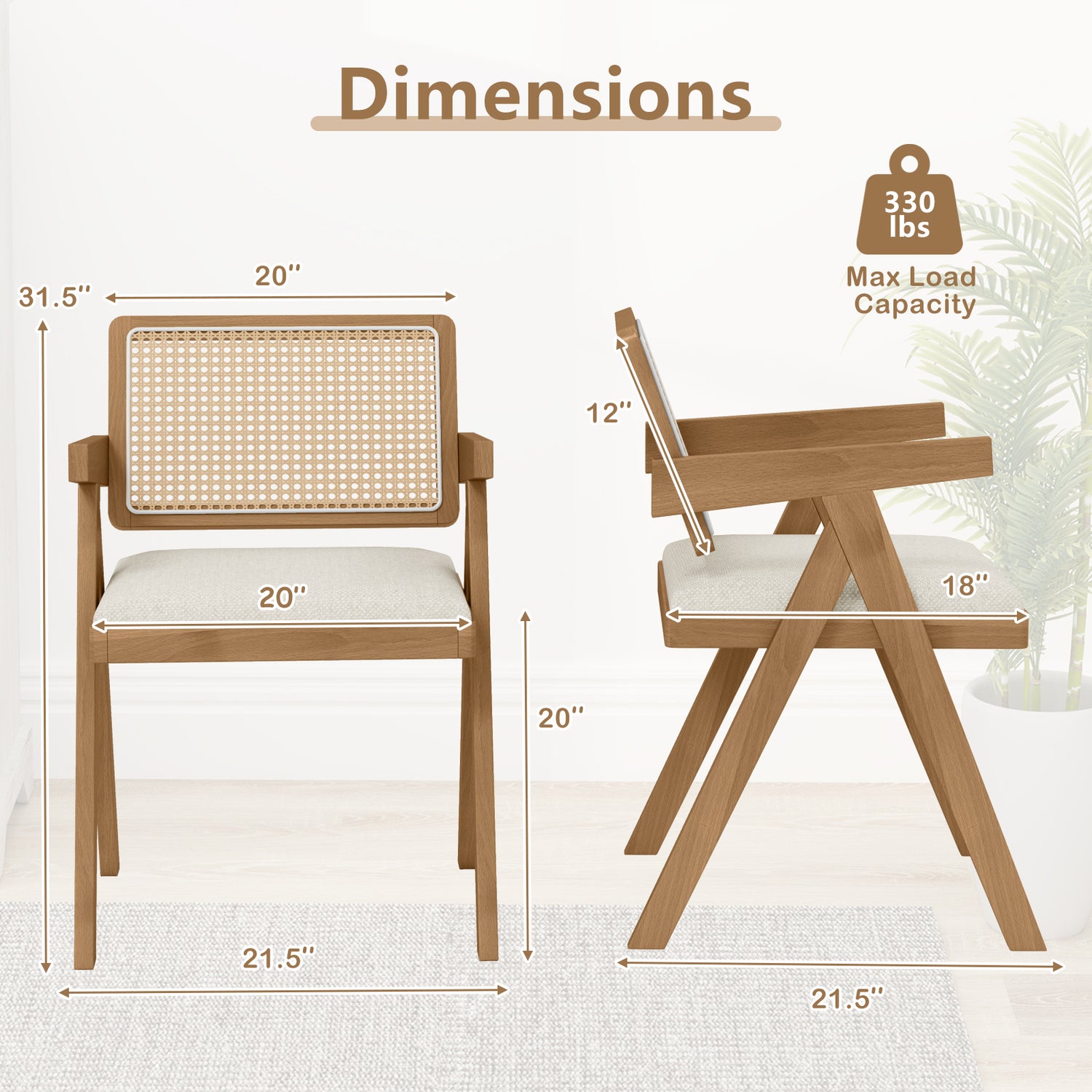 Set of 2 Rattan Accent Chairs with Padded Cushion and Rubber Wood Frame