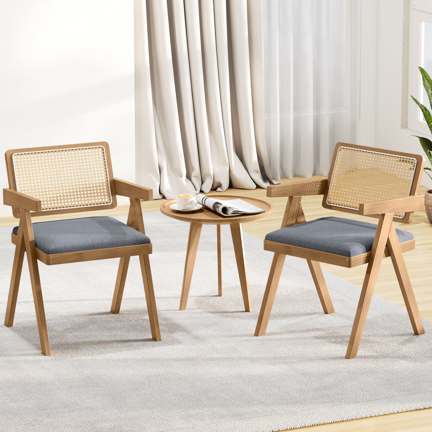 Set of 2 Rattan Accent Chairs with Padded Cushion and Rubber Wood Frame