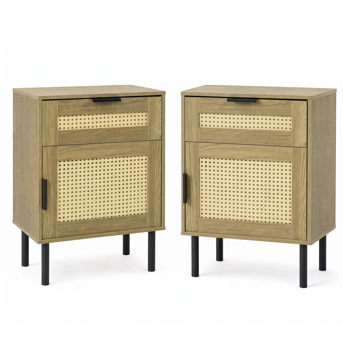 Set of 2 Rattan Nightstand with Drawer and Storage Cabinet for Bedroom Dorm