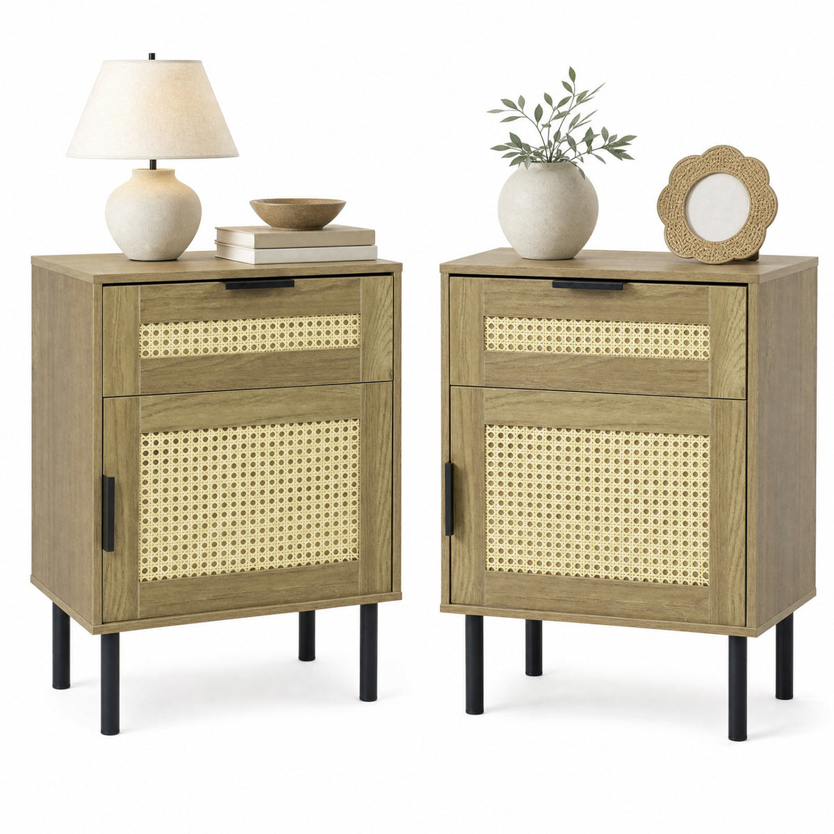 Set of 2 Rattan Nightstand with Drawer and Storage Cabinet for Bedroom Dorm