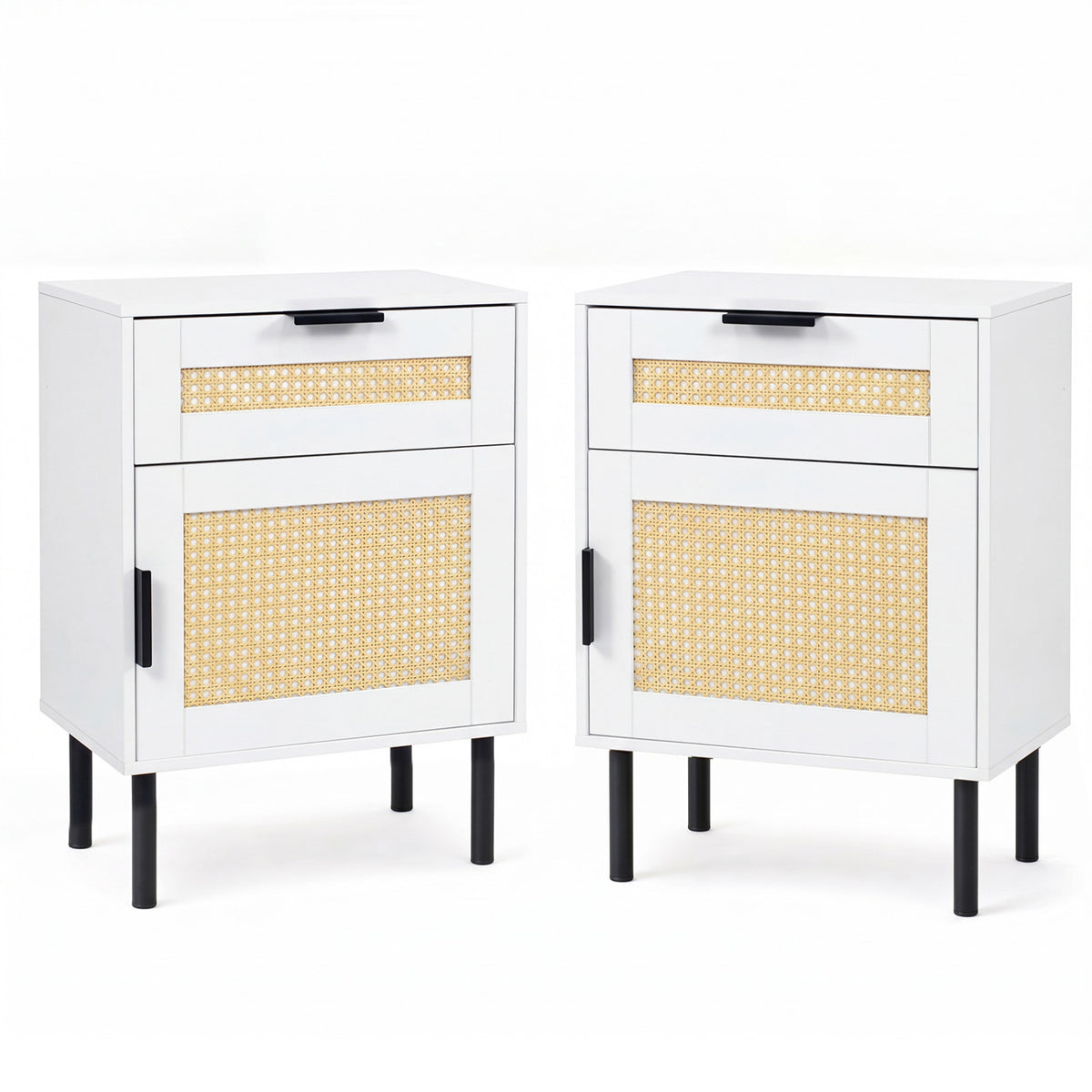 Set of 2 Rattan Nightstand with Drawer and Storage Cabinet for Bedroom Dorm