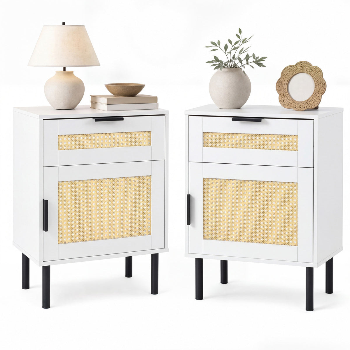Set of 2 Rattan Nightstand with Drawer and Storage Cabinet for Bedroom Dorm