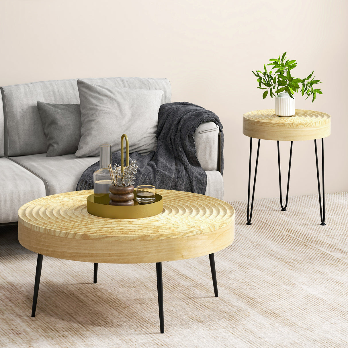 Set of 2 Solid Wood Farmhouse Round Coffee Tables