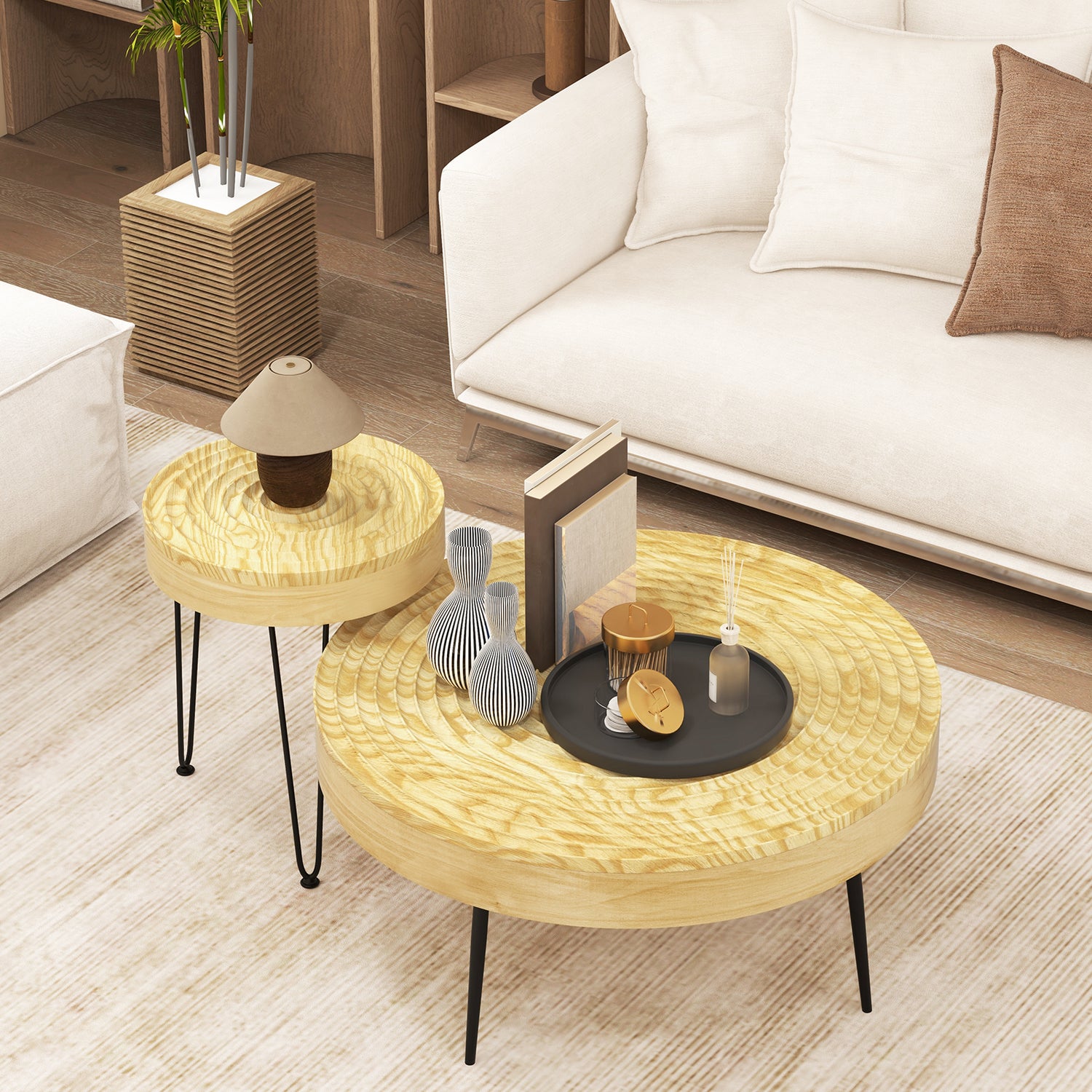 Set of 2 Solid Wood Farmhouse Round Coffee Tables