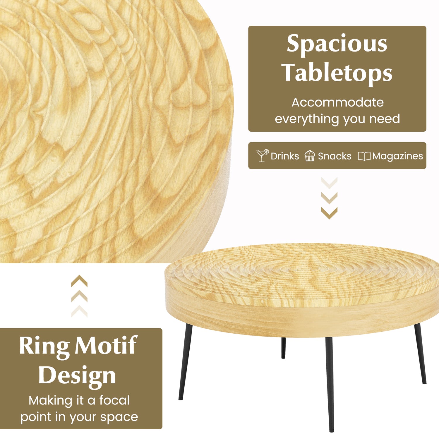 Set of 2 Solid Wood Farmhouse Round Coffee Tables