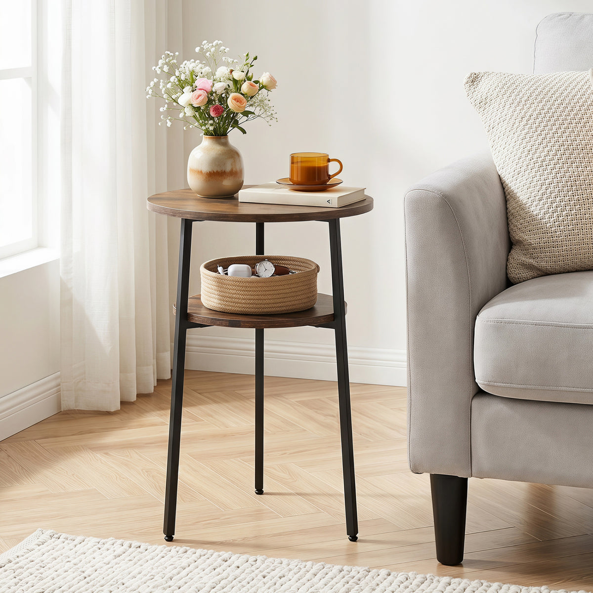 Round Side Table with Storage Shelf & Metal Frame for Living Room
