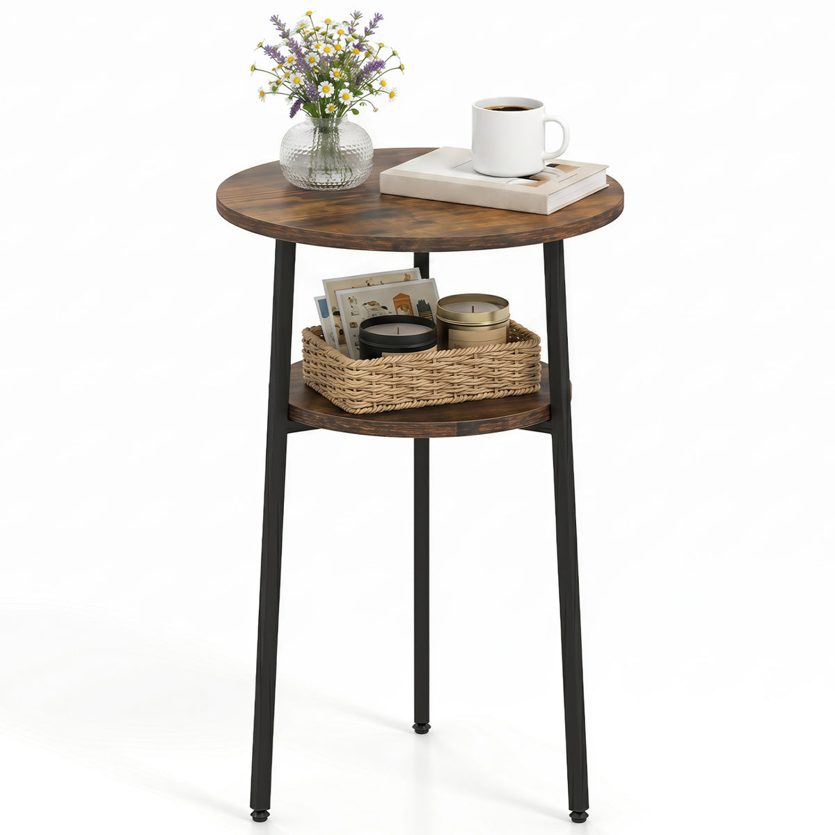 Round Side Table with Storage Shelf & Metal Frame for Living Room