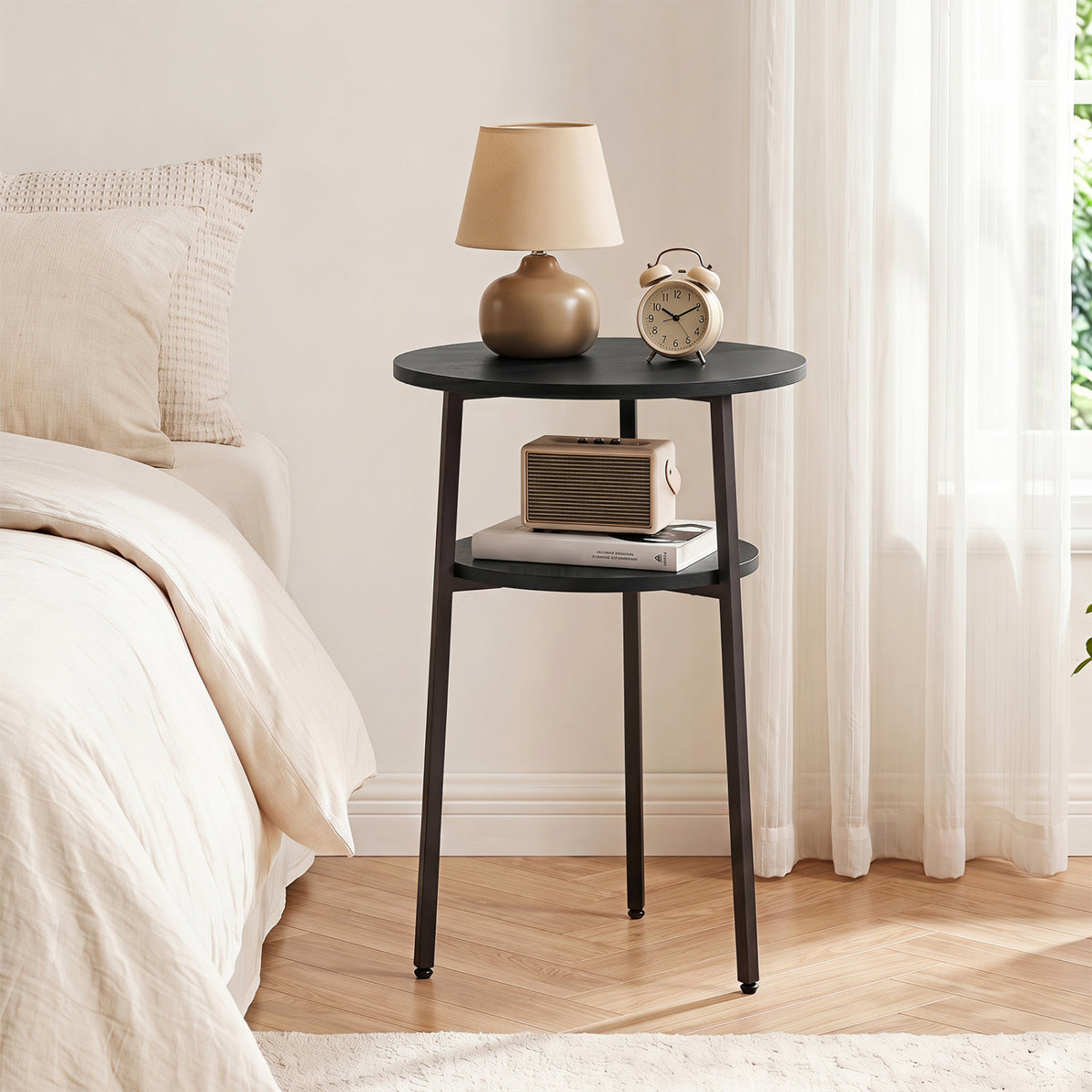 Round Side Table with Storage Shelf & Metal Frame for Living Room