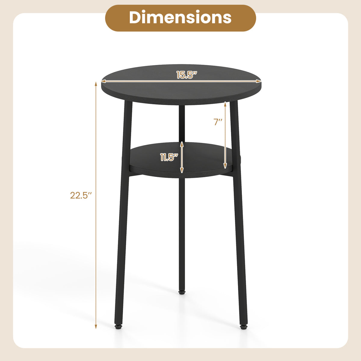Round Side Table with Storage Shelf & Metal Frame for Living Room