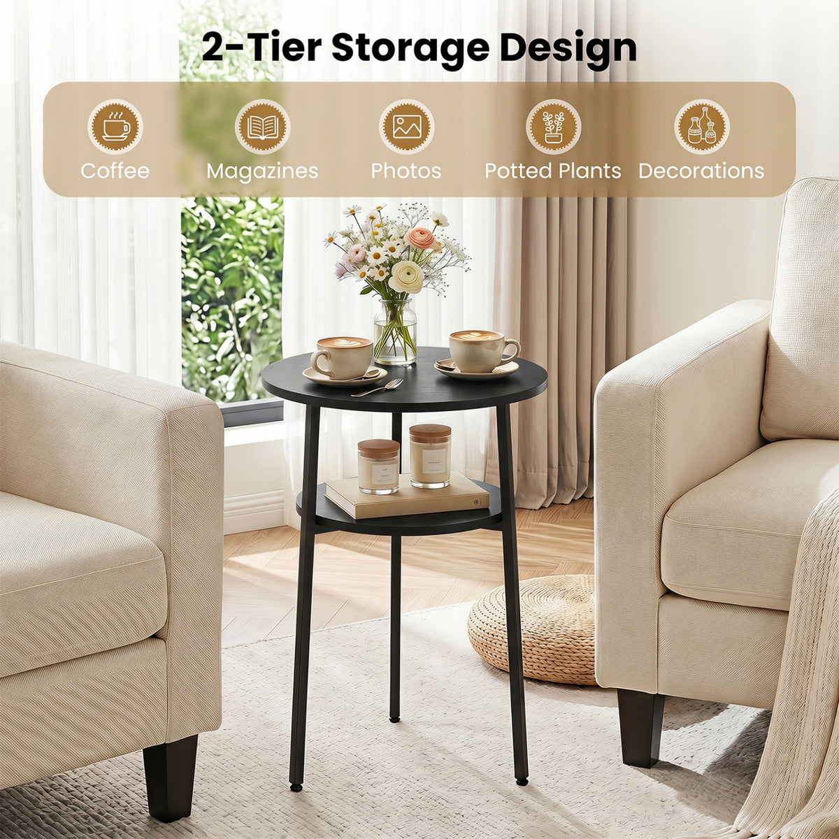 Round Side Table with Storage Shelf & Metal Frame for Living Room