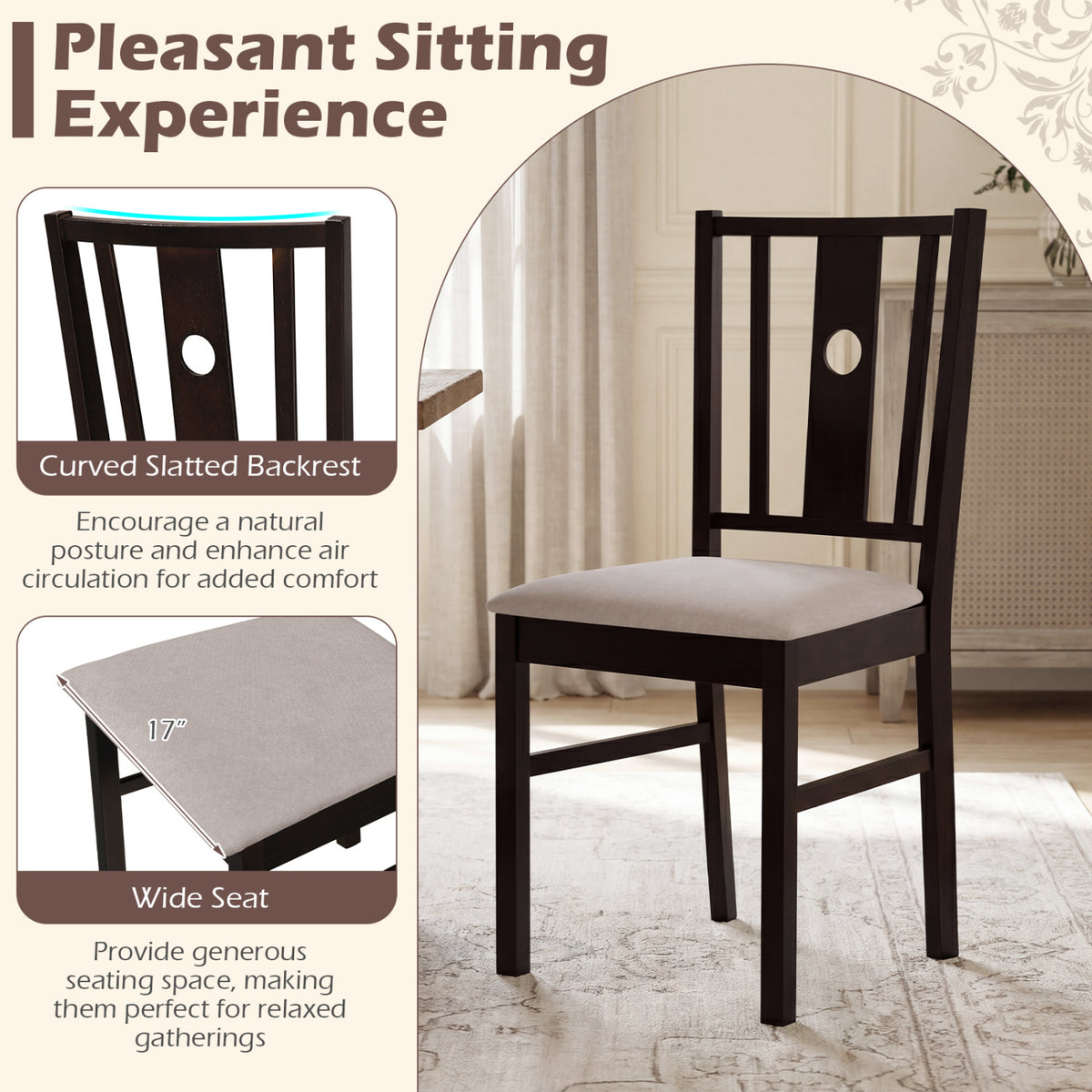 Set of 2 Rubber Wood Kitchen Chairs with Fabric Padded Seat -Coffee