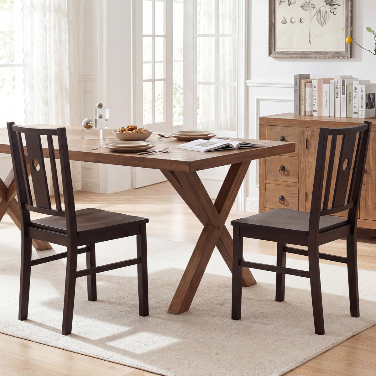 Set of 2 Solid Rubber Wood Kitchen Chairs with Slatted Curved Backrest-Coffee