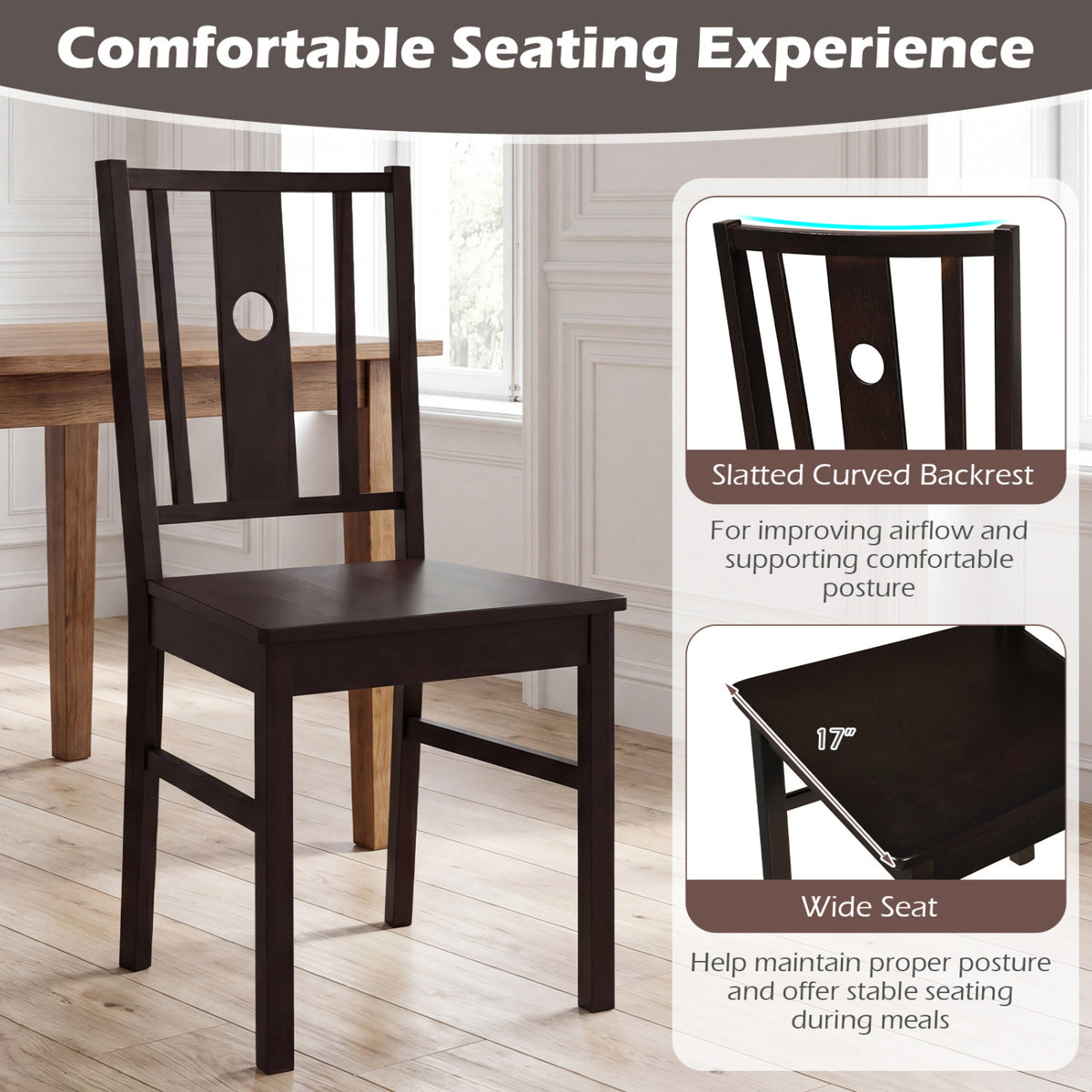 Set of 2 Solid Rubber Wood Kitchen Chairs with Slatted Curved Backrest-Coffee