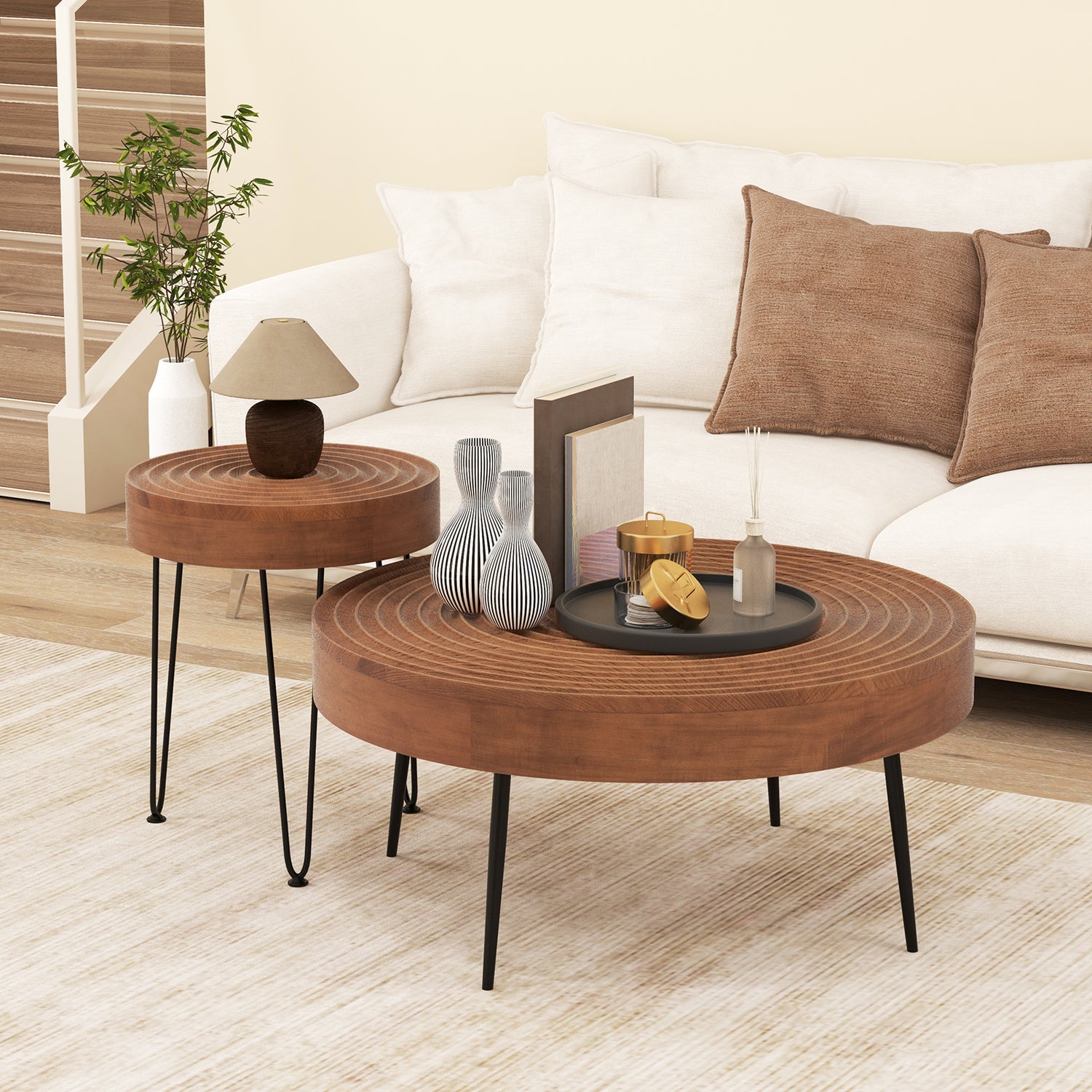 Set of 2 Solid Wood Farmhouse Round Coffee Tables