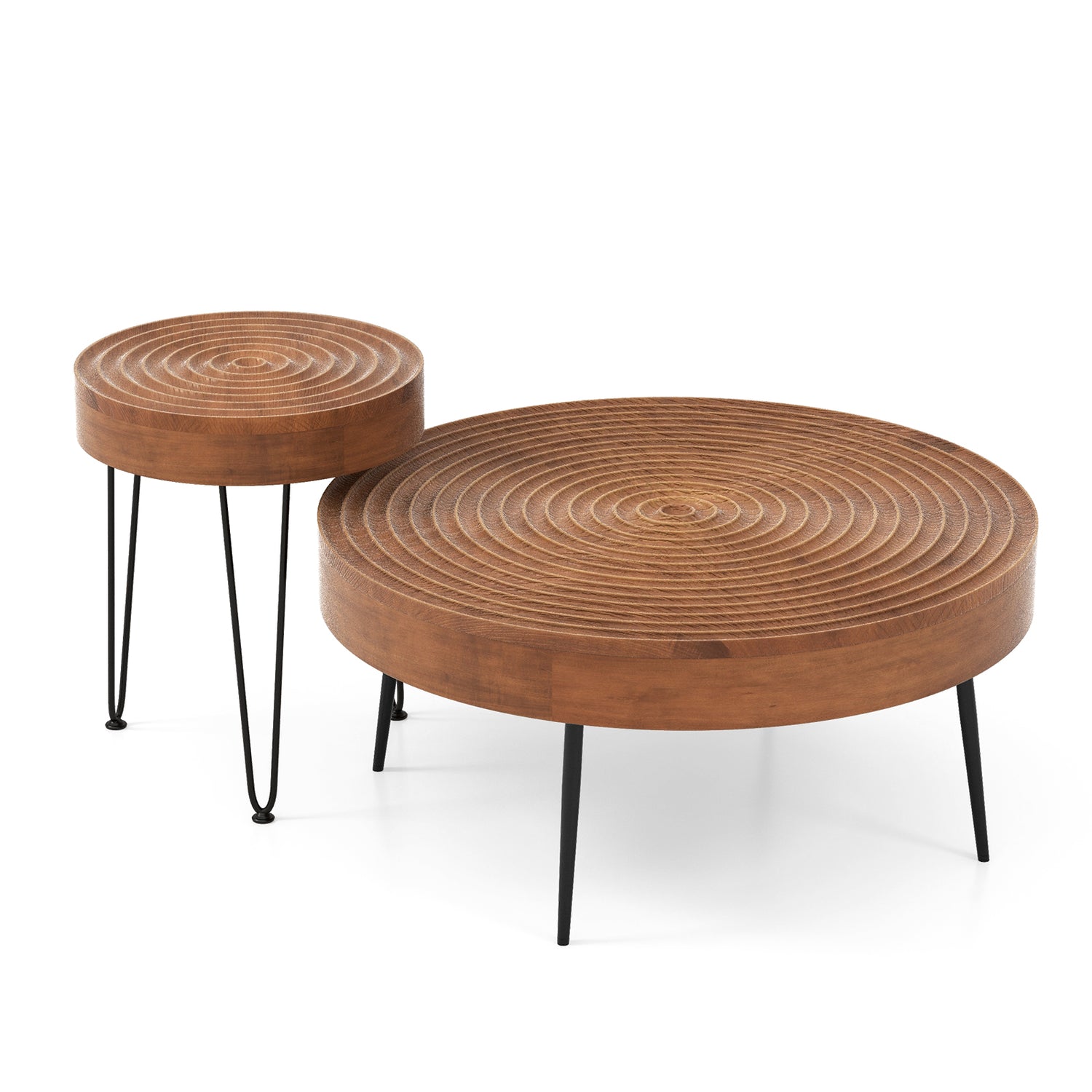 Set of 2 Solid Wood Farmhouse Round Coffee Tables