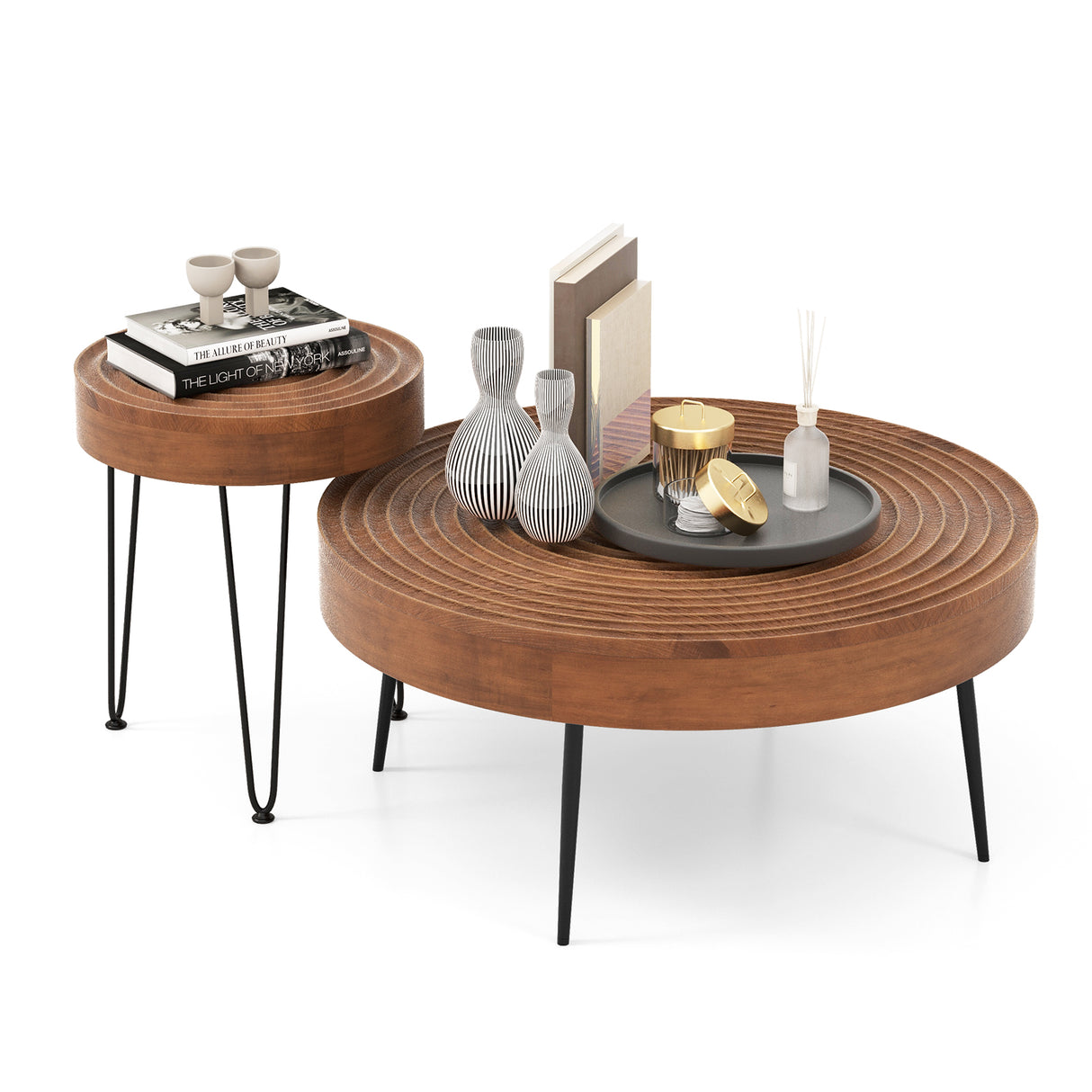 Set of 2 Solid Wood Farmhouse Round Coffee Tables