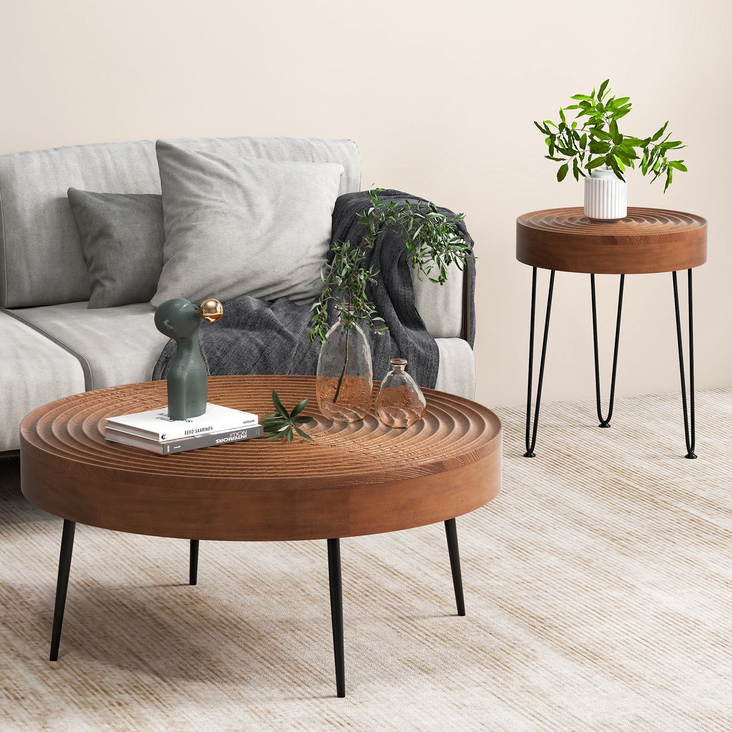 Set of 2 Solid Wood Farmhouse Round Coffee Tables