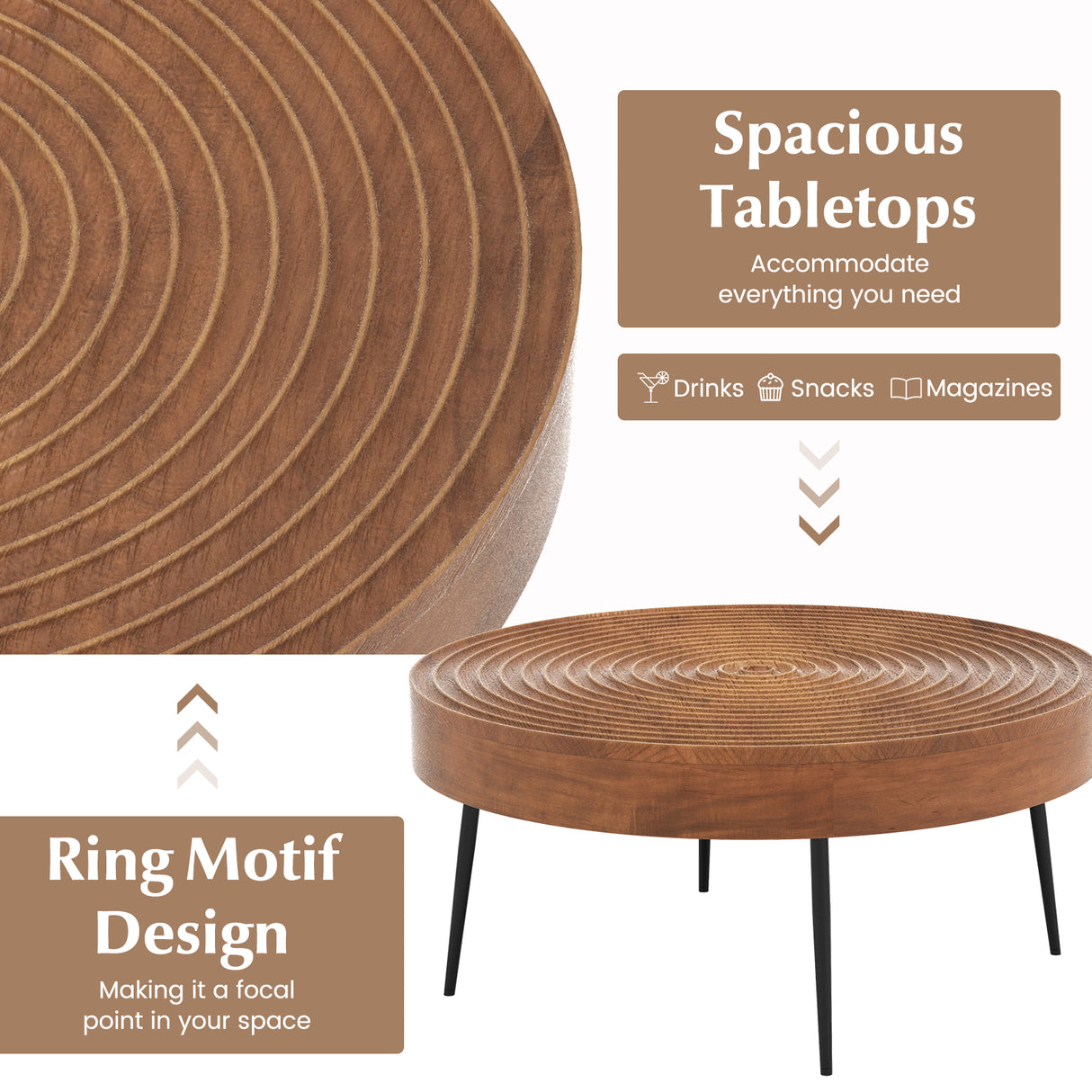 Set of 2 Solid Wood Farmhouse Round Coffee Tables