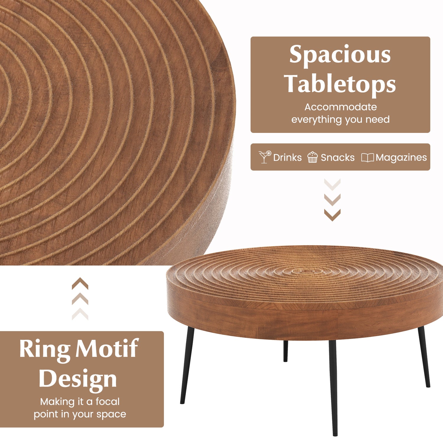 Set of 2 Solid Wood Farmhouse Round Coffee Tables