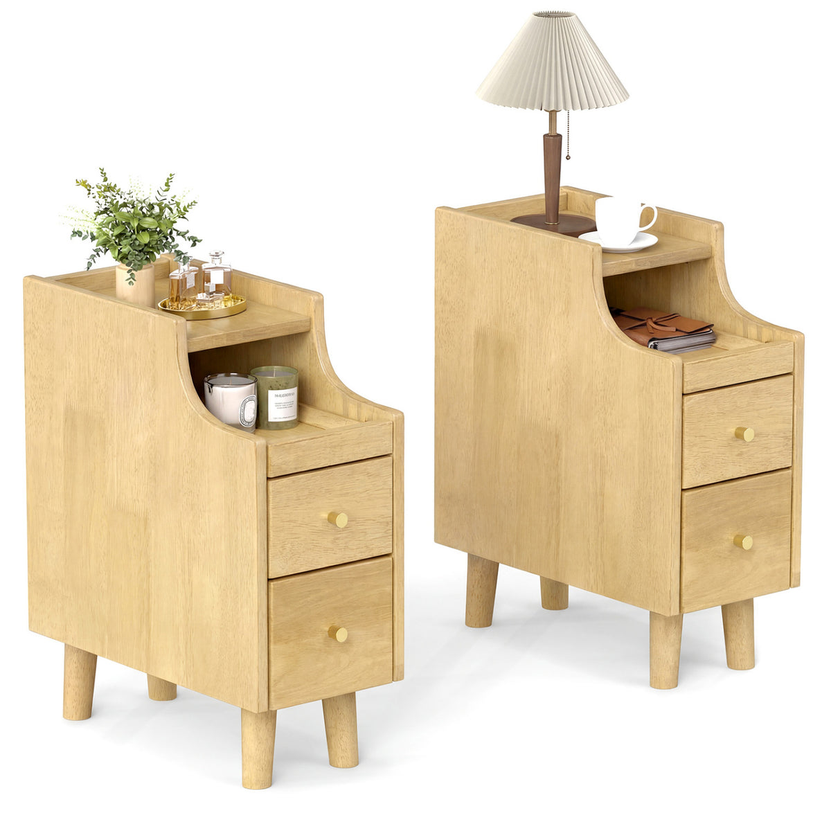 Set of 2 Solid Wood Night Side Table with Pull-out Tray and 2 Storage Drawers