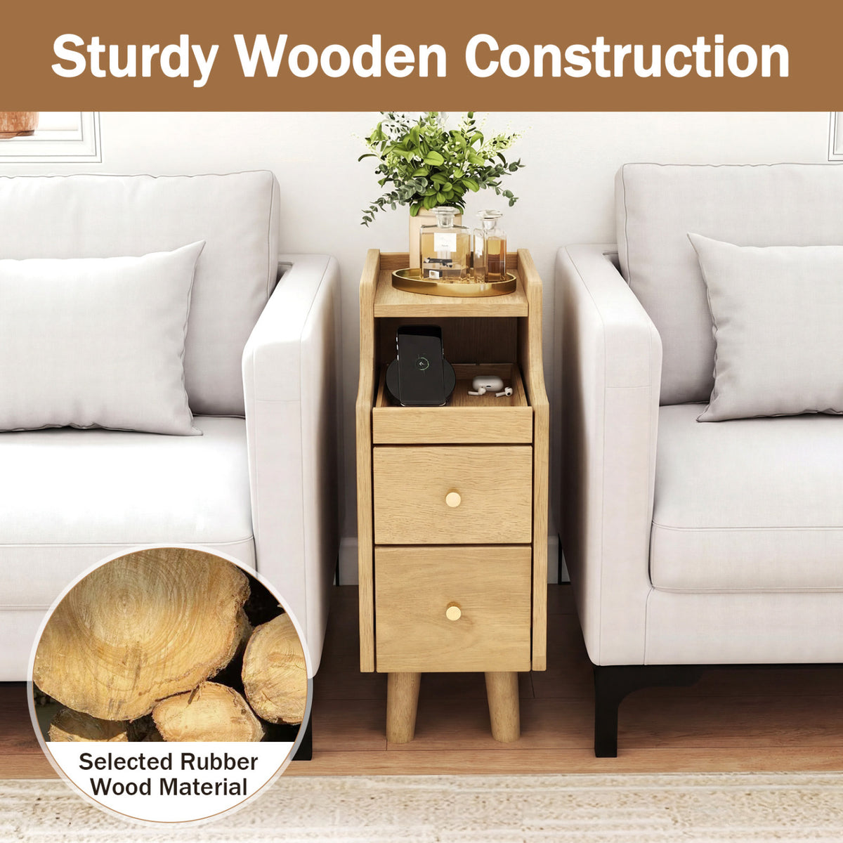 Set of 2 Solid Wood Night Side Table with Pull-out Tray and 2 Storage Drawers